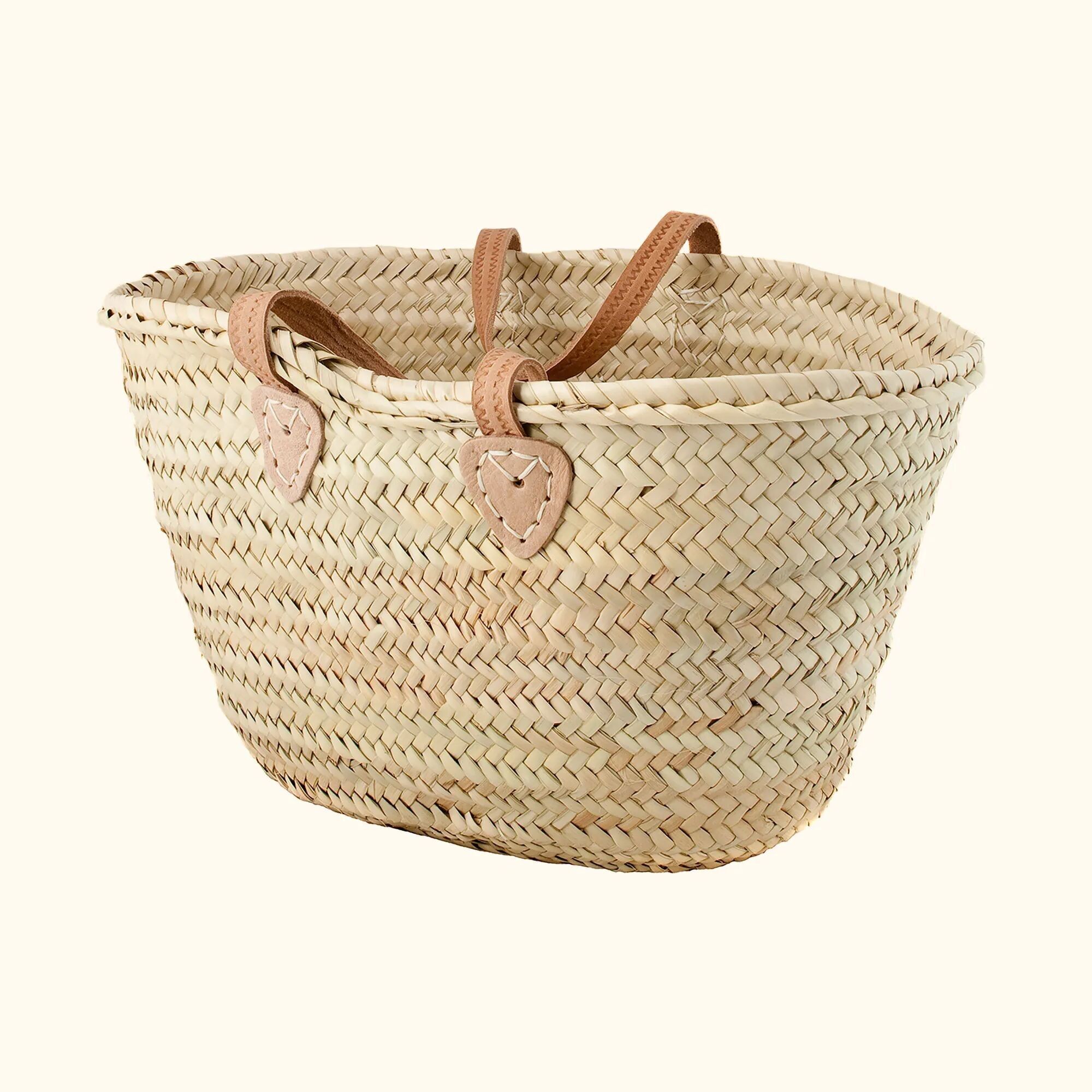 Artisan French Market Basket – Hand-Woven Sustainable Palm Tote with Genuine Leather Handles