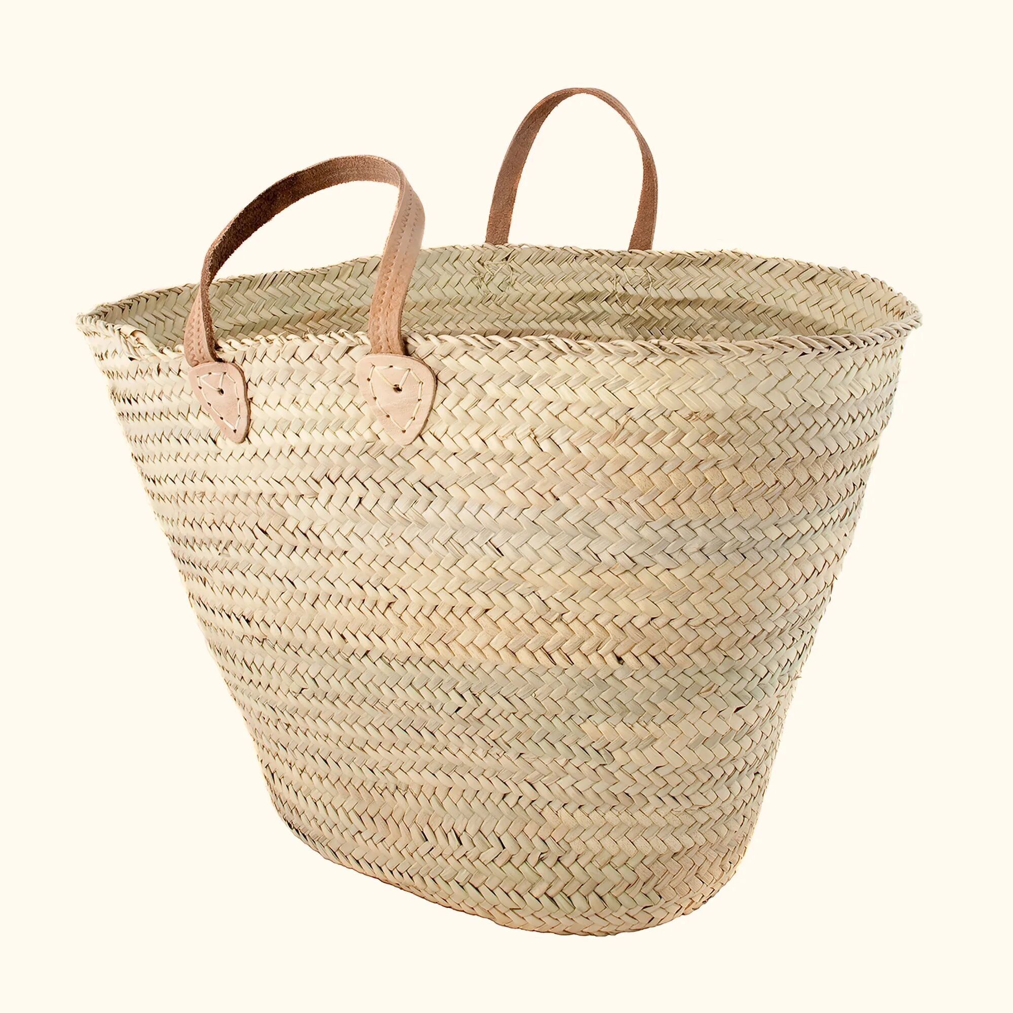 Artisan Large French Basket – Oversized Hand-Woven Palm Storage Tote with Reinforced Leather Handles