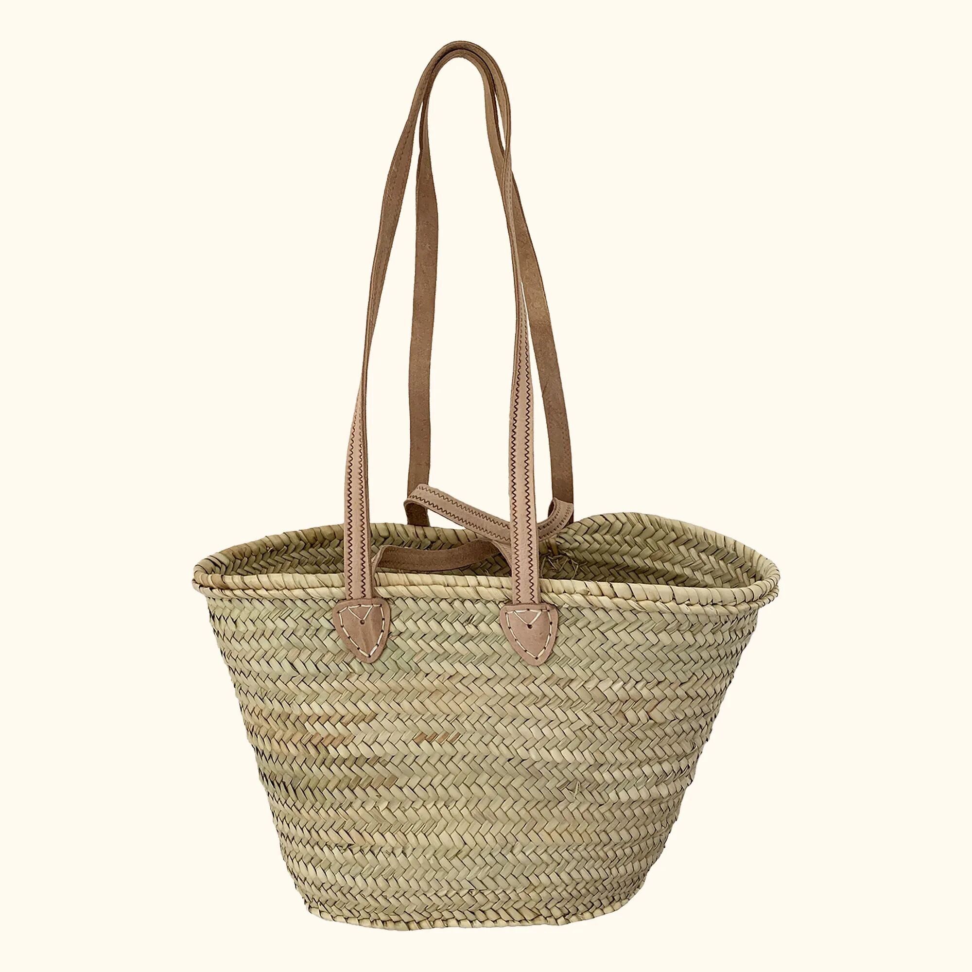 Artisan Double Handle French Basket – Hand-Woven Palm Tote with Long & Short Leather Straps (Small 44cm)