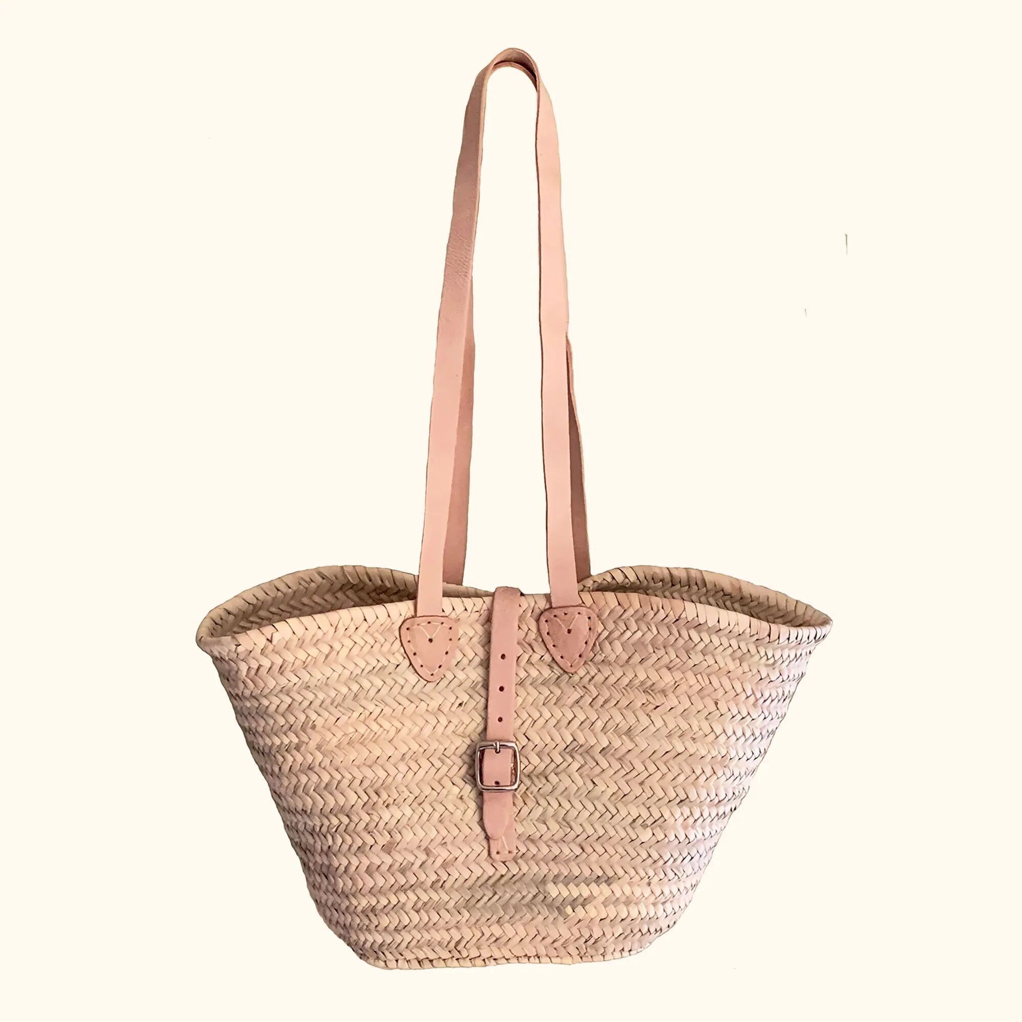 Artisan Buckle-Closure French Basket – Hand-Woven Palm Tote with 90cm Extra-Long Leather Shoulder Straps