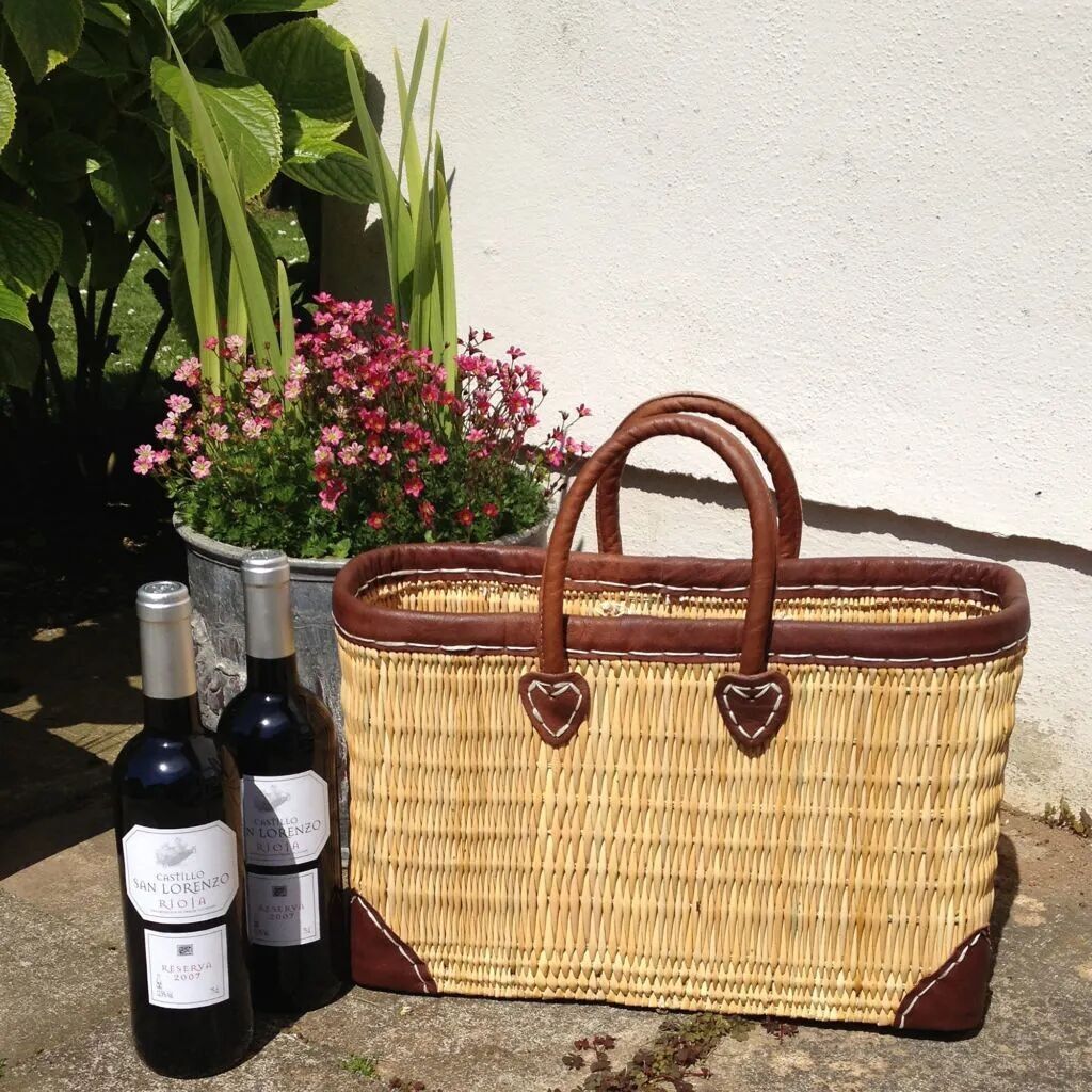 Artisan Oblong Reed Basket – Structured French Tote with Leather Trim & Reinforced Corners