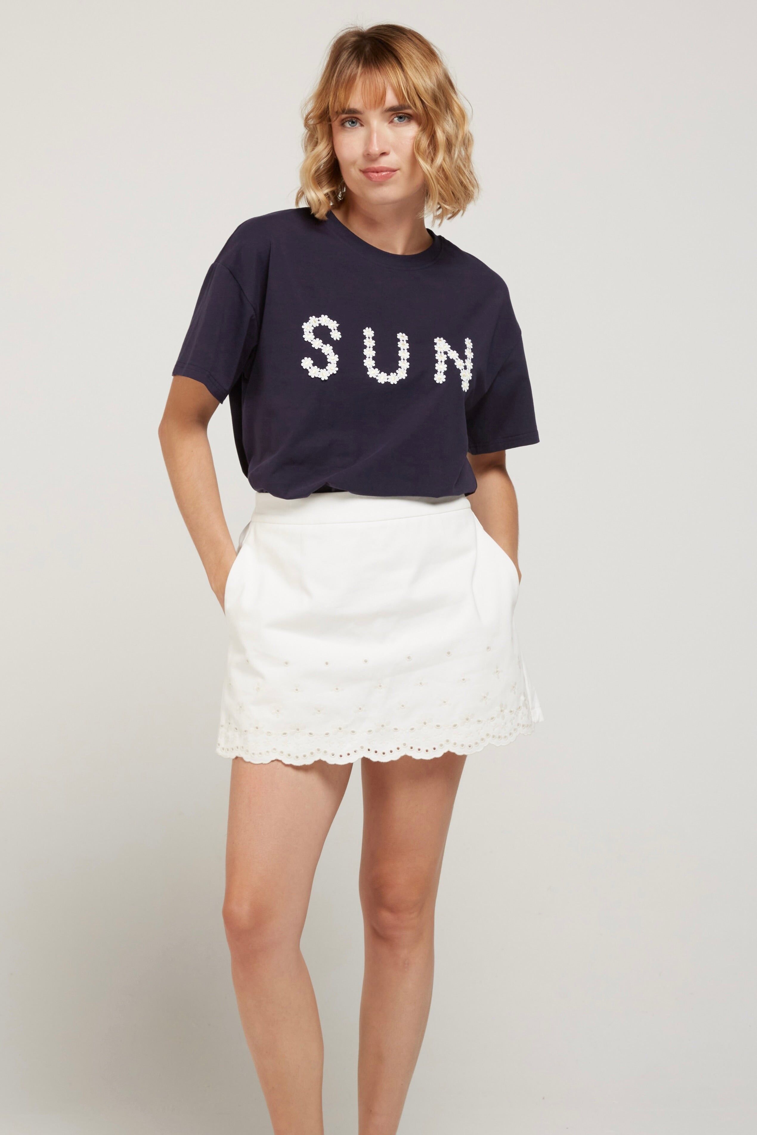 JOANNE - Denim Skirt-Shorts with Openwork Embroidery