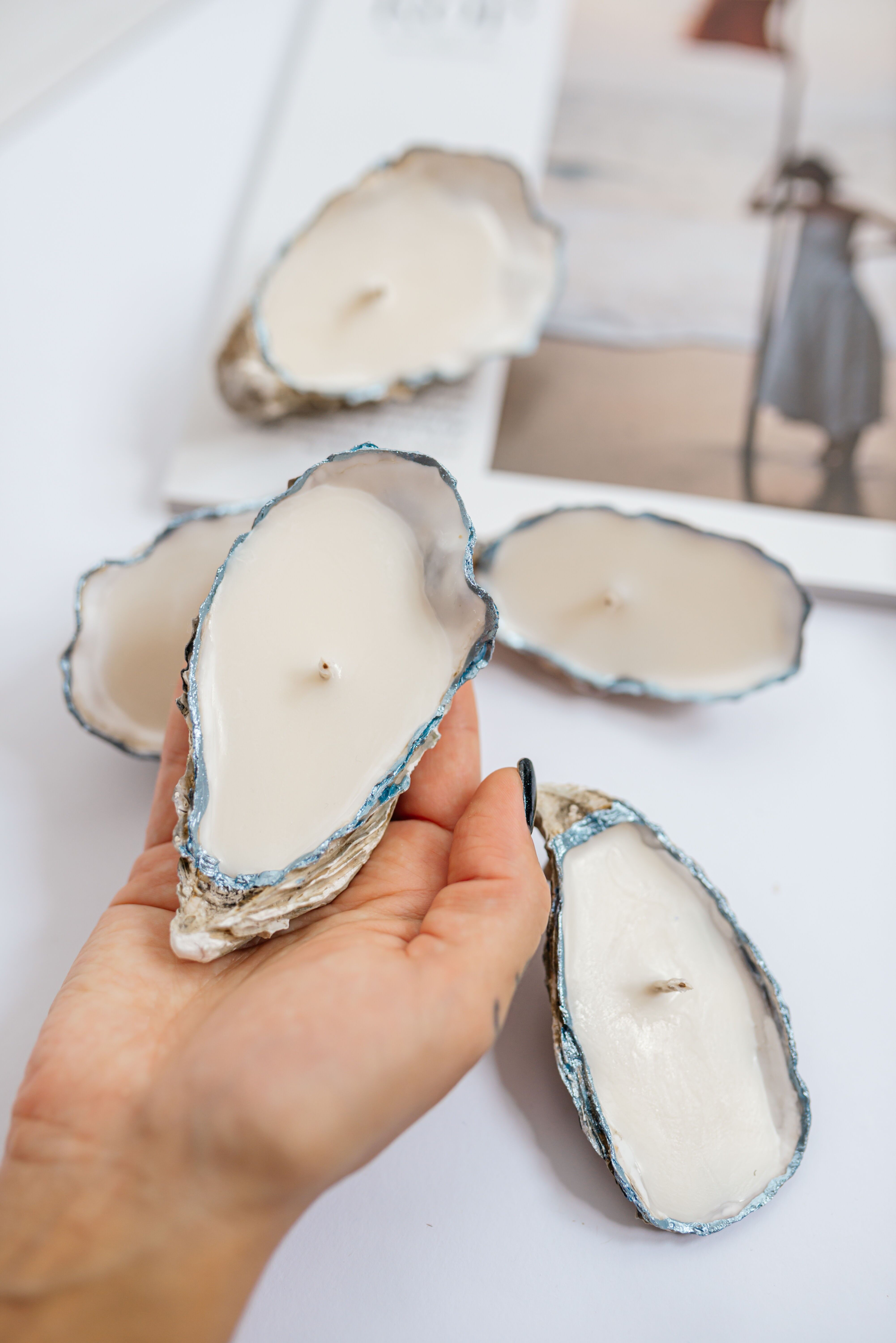 Set of 50 Handmade Blue Oyster Shell Soy Wax Candles – Coastal Decor, Beach Wedding Favors