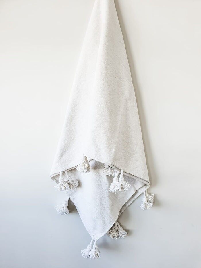 Moroccan Pom Pom Blanket | Large White Cotton Throw - 200x200cm