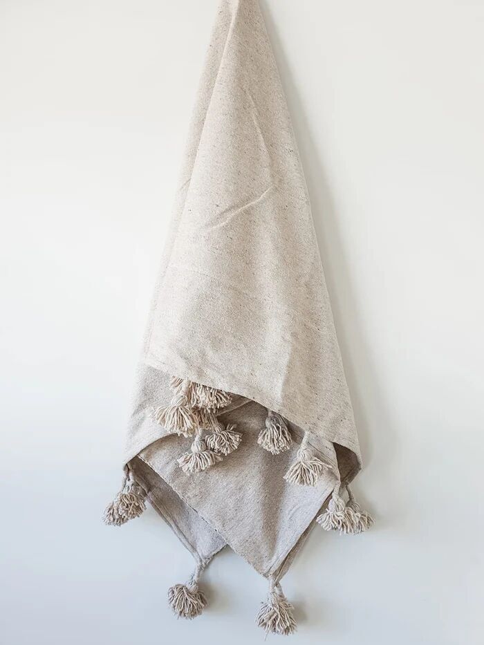 Moroccan Pom Pom Blanket | Large Beige Cotton Throw - 200x200cm