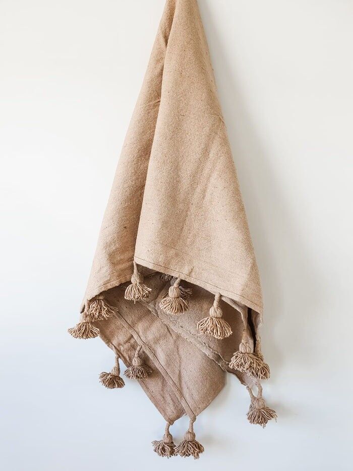 Moroccan Pom Pom Blanket | Large Biscuit Cotton Throw - 200x200cm