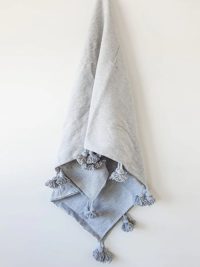 Moroccan Pom Pom Blanket | Large Dusty Grey Cotton Throw - 200x200cm