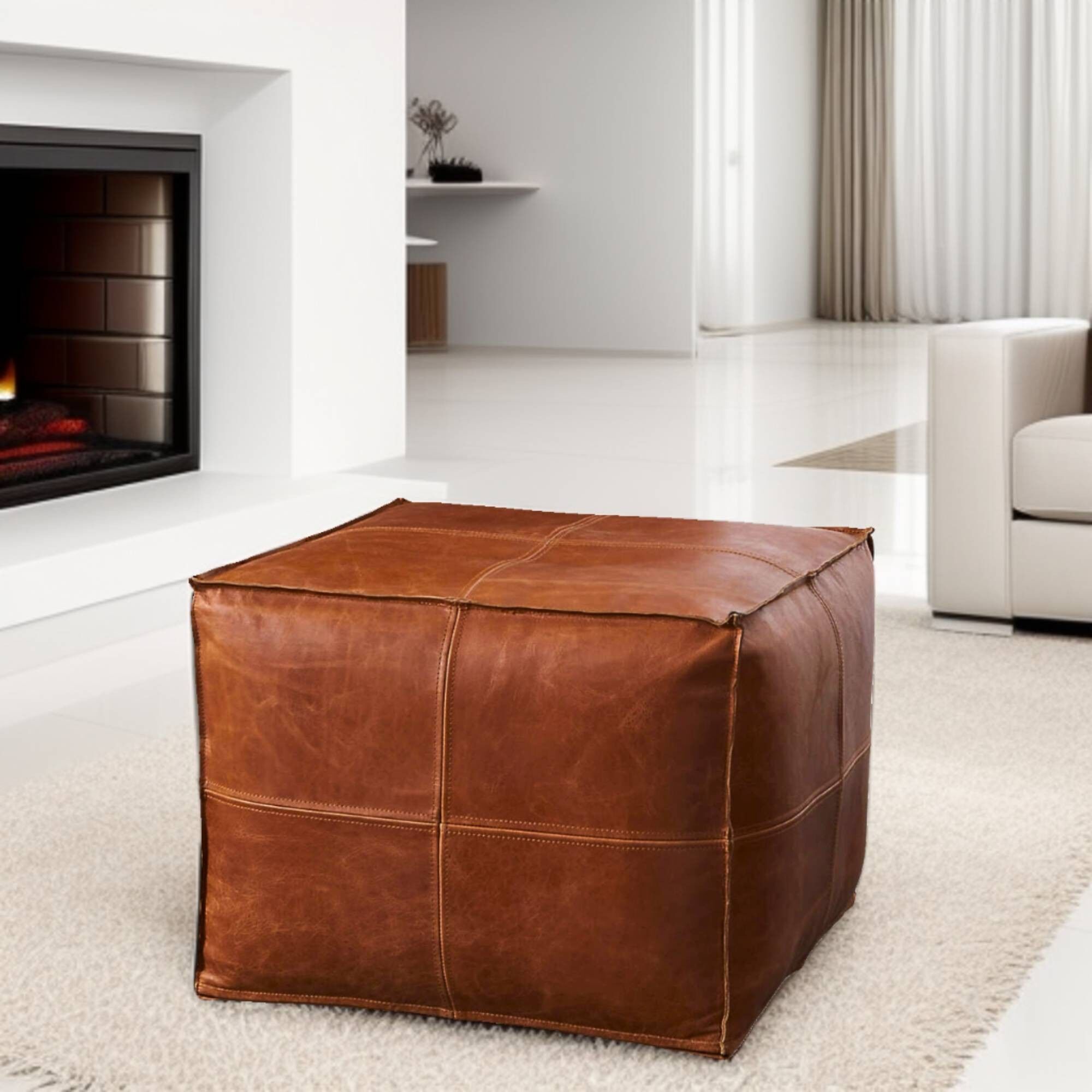 Premium Square Moroccan Leather Pouf | Brown Ottoman 18"x18"x16"