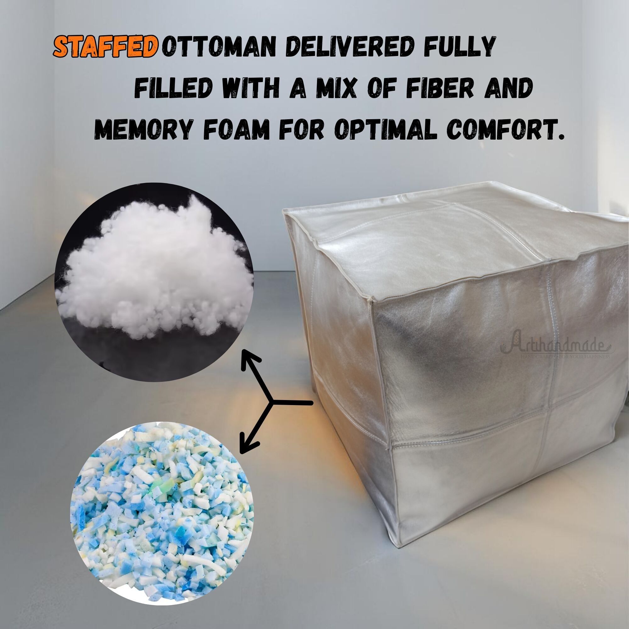 Premium Silver Pearl Leather Pouf | Moroccan Square Ottoman 18"x18"x16"