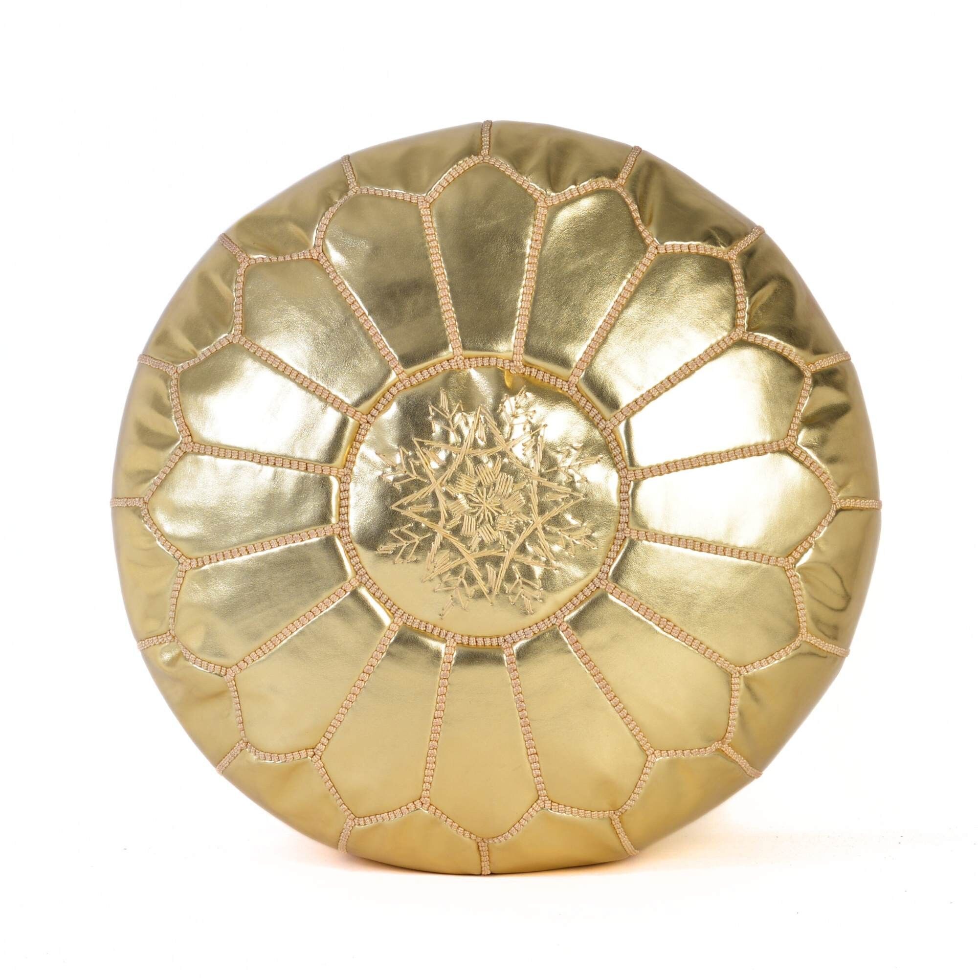 Hand-Stitched Embroidery Leather Ottoman Pouf | Gold Moroccan Design 24"