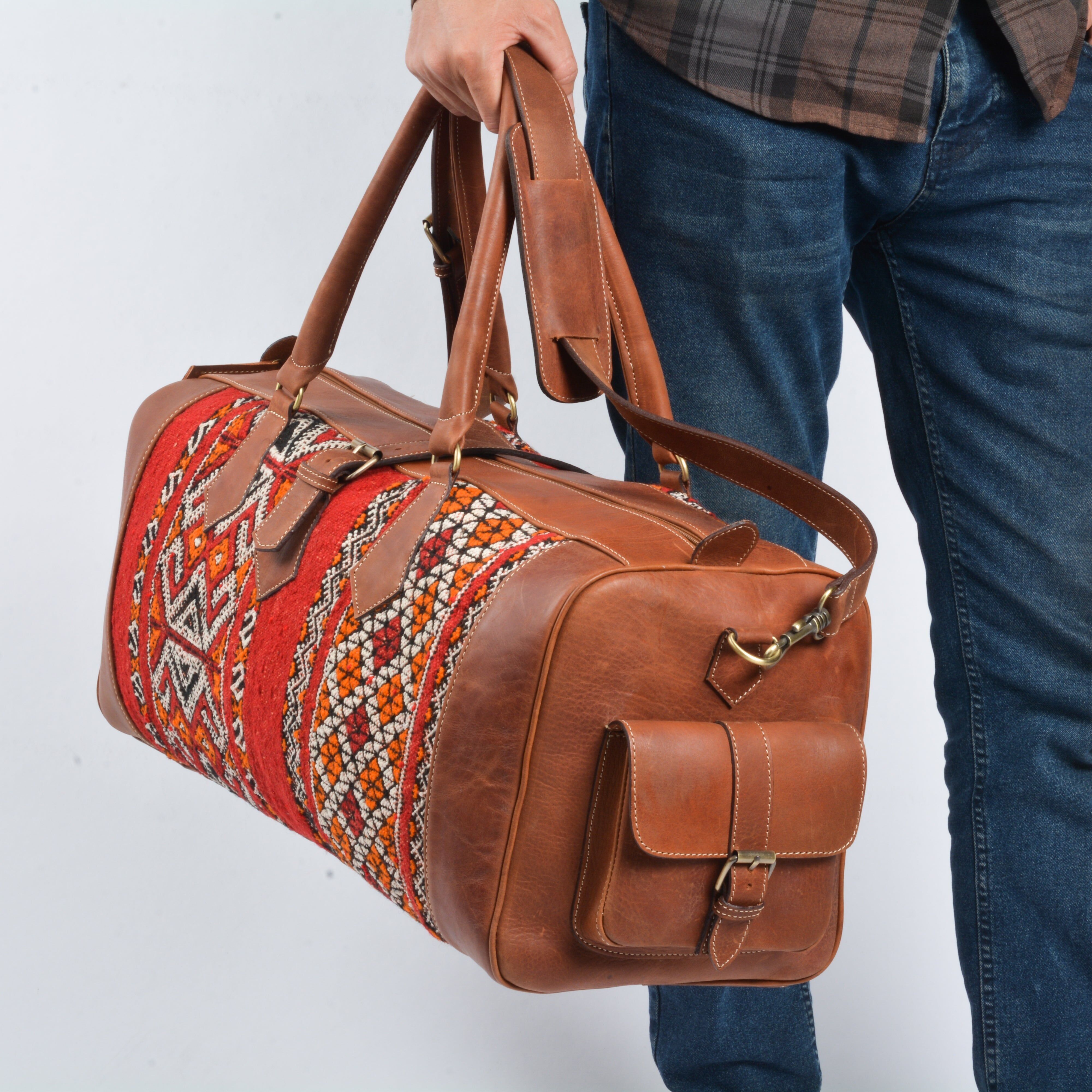 Handmade Leather Kilim Duffel Bag | Artisan Travel Weekender