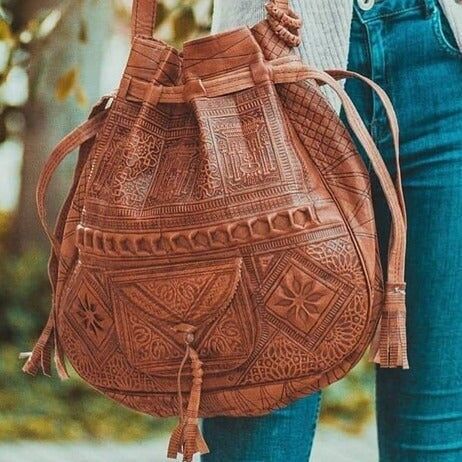 Genuine Leather Tote Bag | Vintage Boho Shoulder Bag - Handcrafted in Marrakech