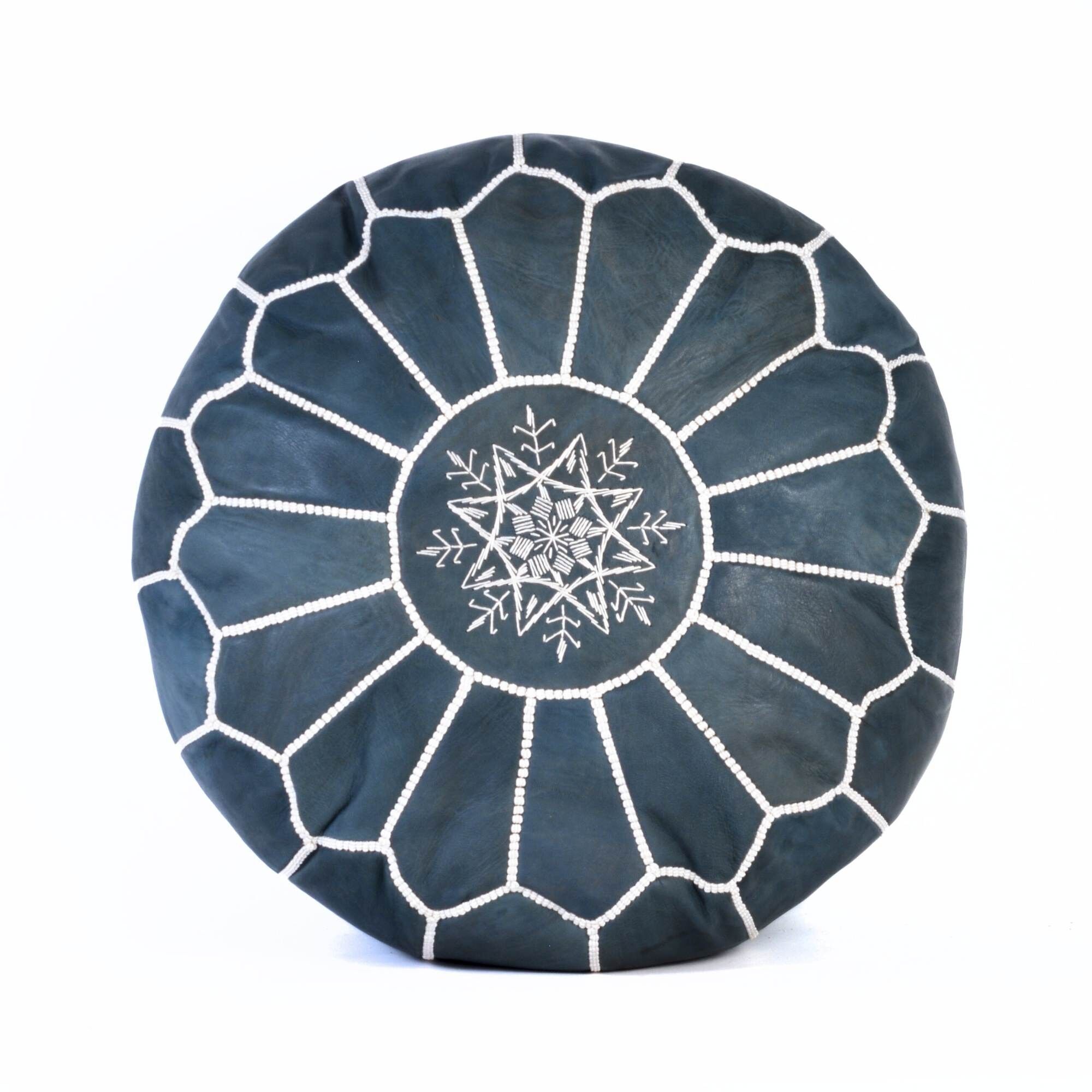 Hand-Stitched Embroidery Leather Ottoman Pouf | Dark Blue Moroccan Design 20"
