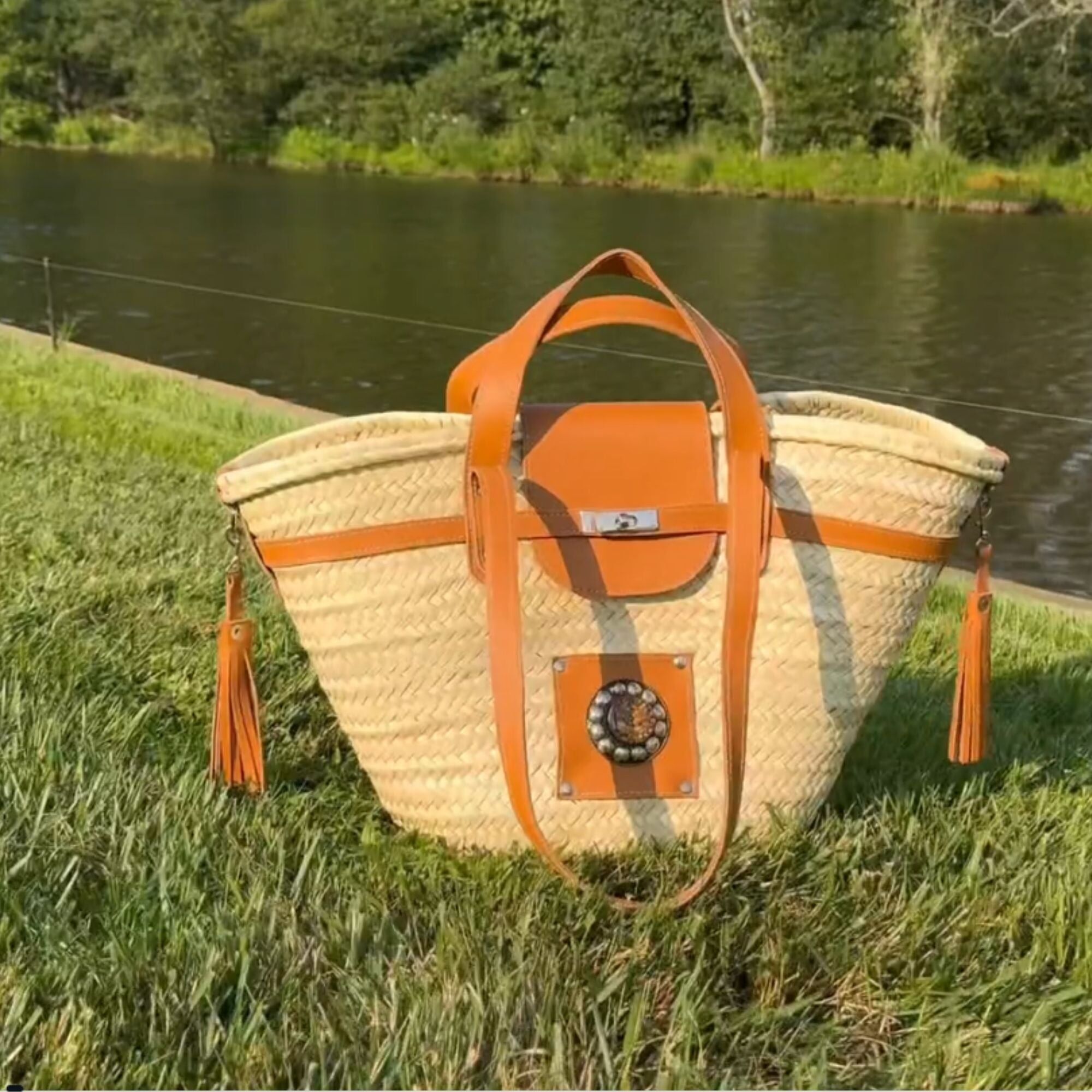 Handmade Large French Straw Basket | Palm Leaf Market Basket with Leather Straps