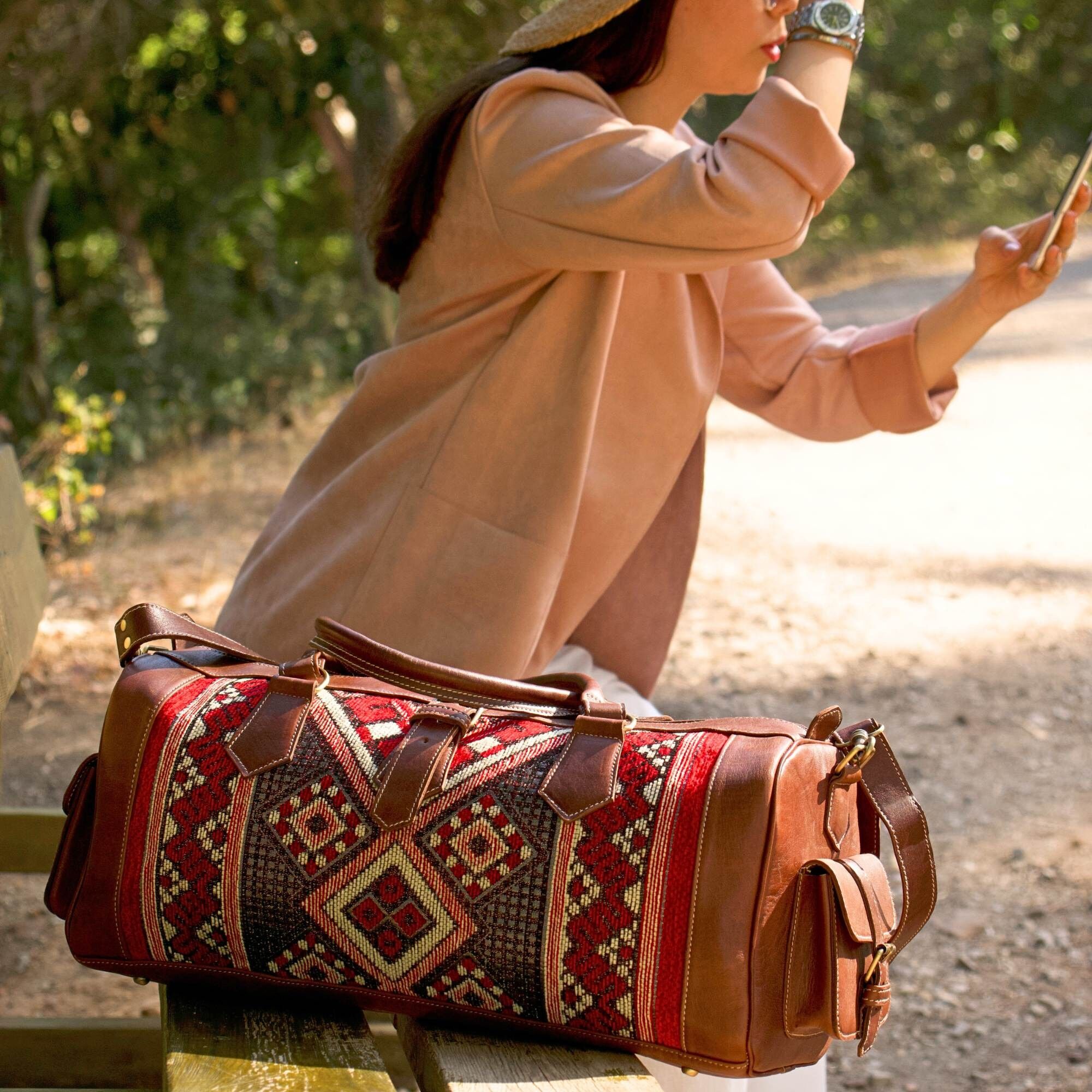 Artisan Leather Kilim Travel Duffel Bag | Handcrafted Brown Weekender - Unisex