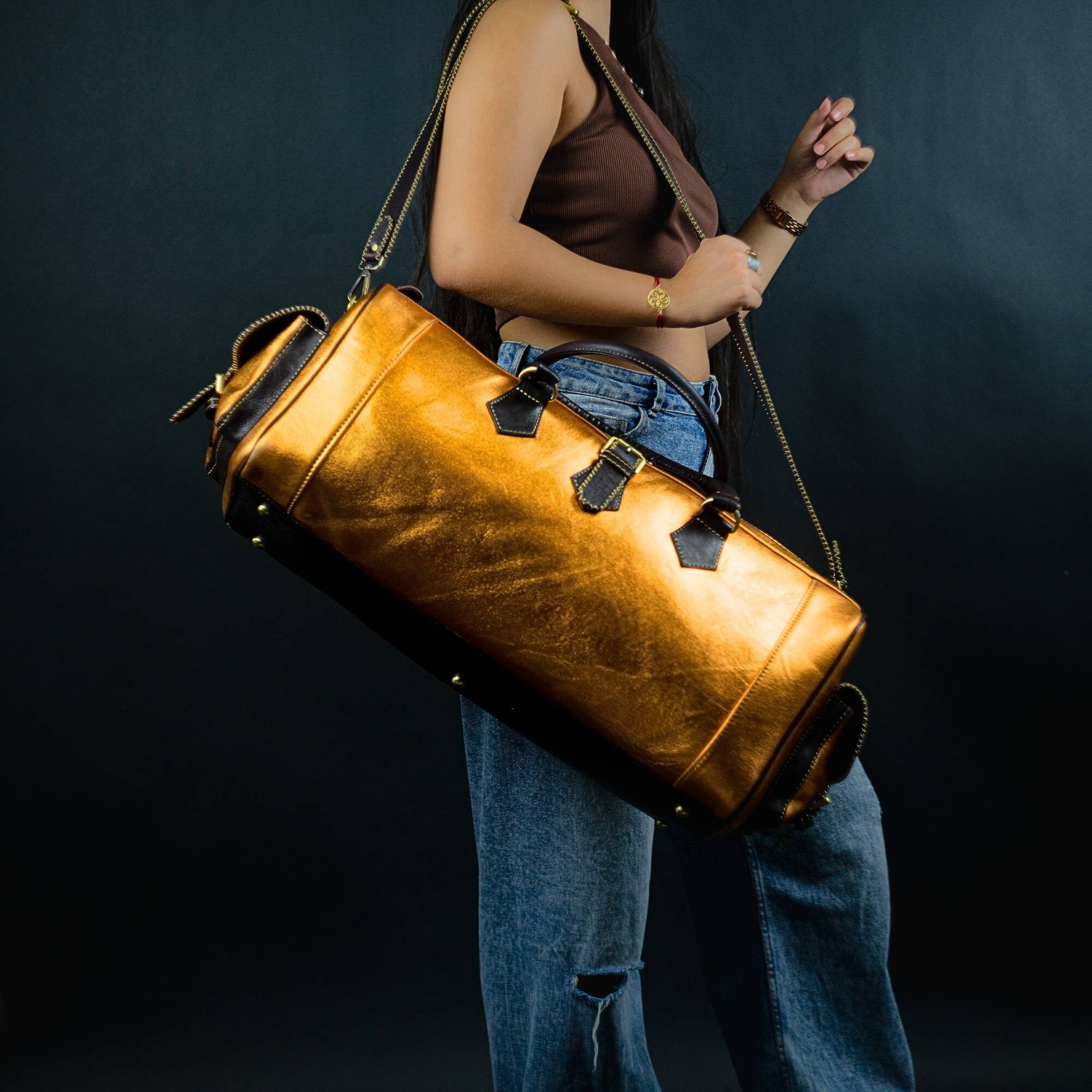 Premium Handcrafted Vintage Gold Leather Travel Bag | Full Grain Duffel