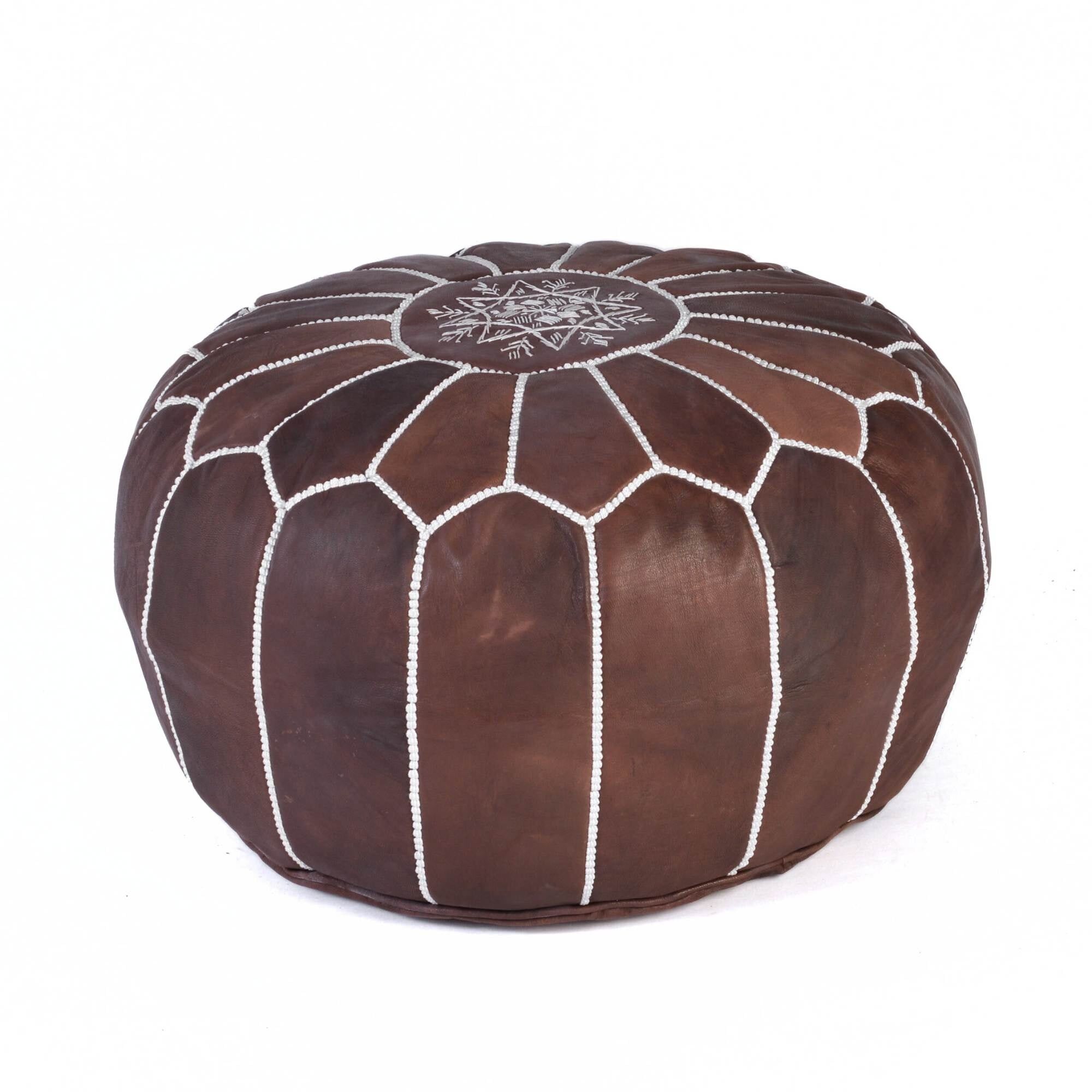 Hand-Stitched Embroidery Leather Ottoman Pouf | Brown Moroccan Design 20"