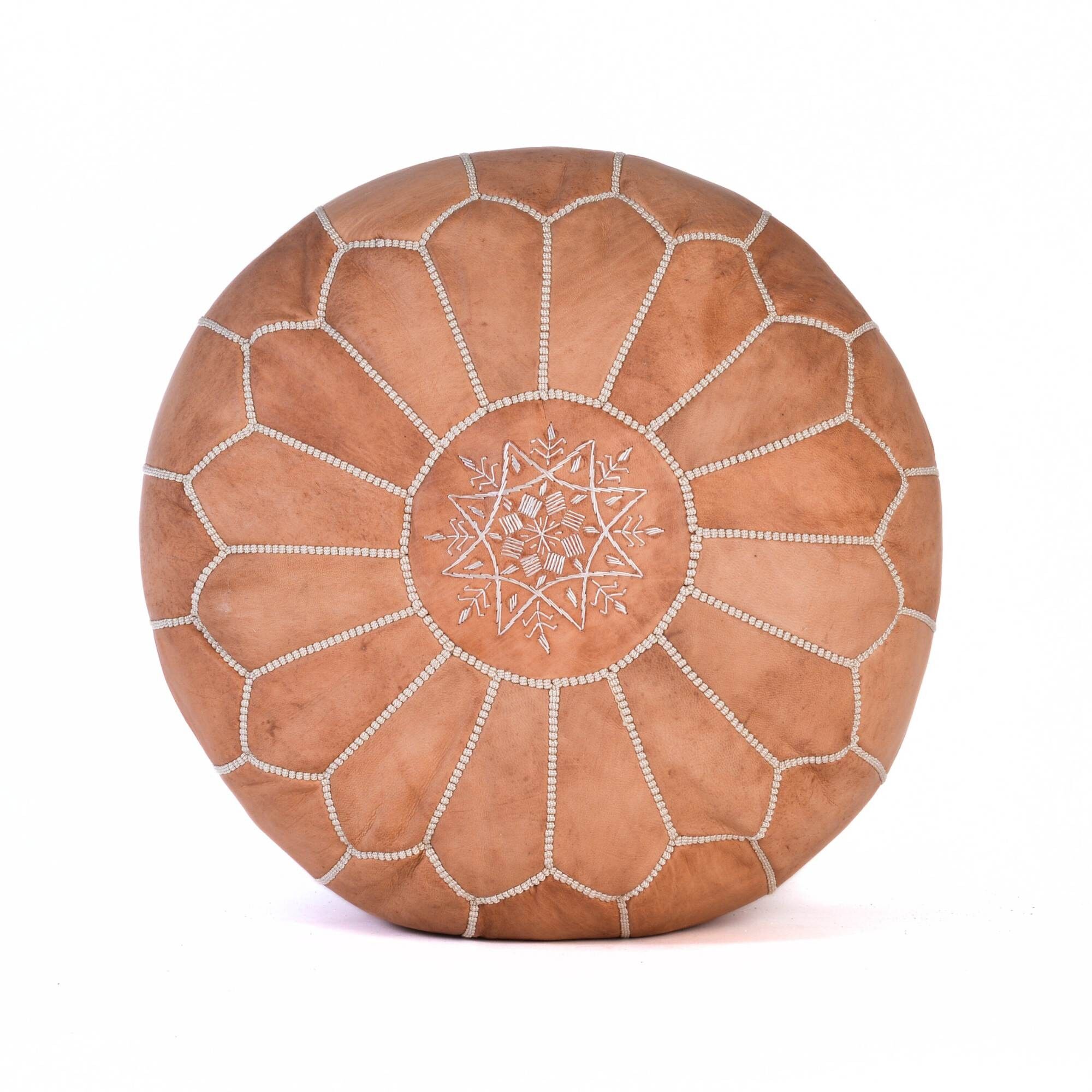 Hand-Stitched Embroidery Leather Ottoman Pouf | Tan Brown Moroccan Design 20"