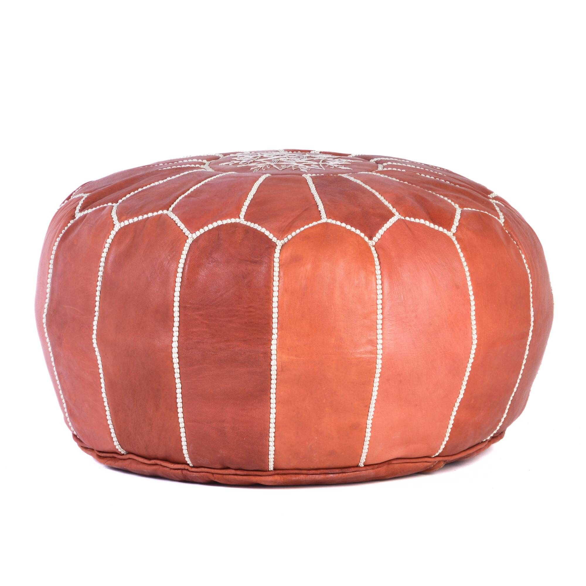 Hand-Stitched Embroidery Leather Ottoman Pouf | Almond Brown Moroccan Design 20"