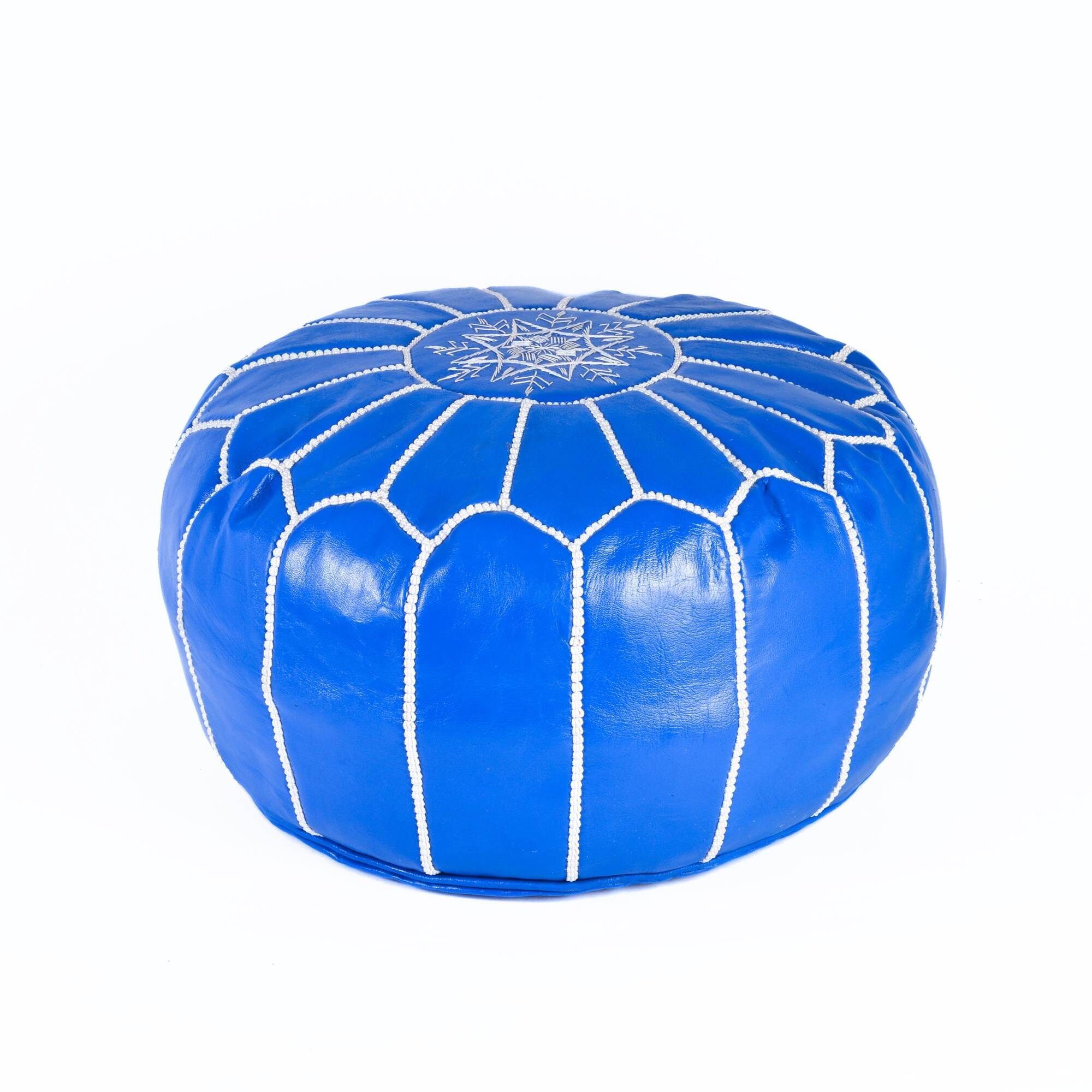 Hand-Stitched Embroidery Leather Ottoman Pouf | Blue Moroccan Design 20"