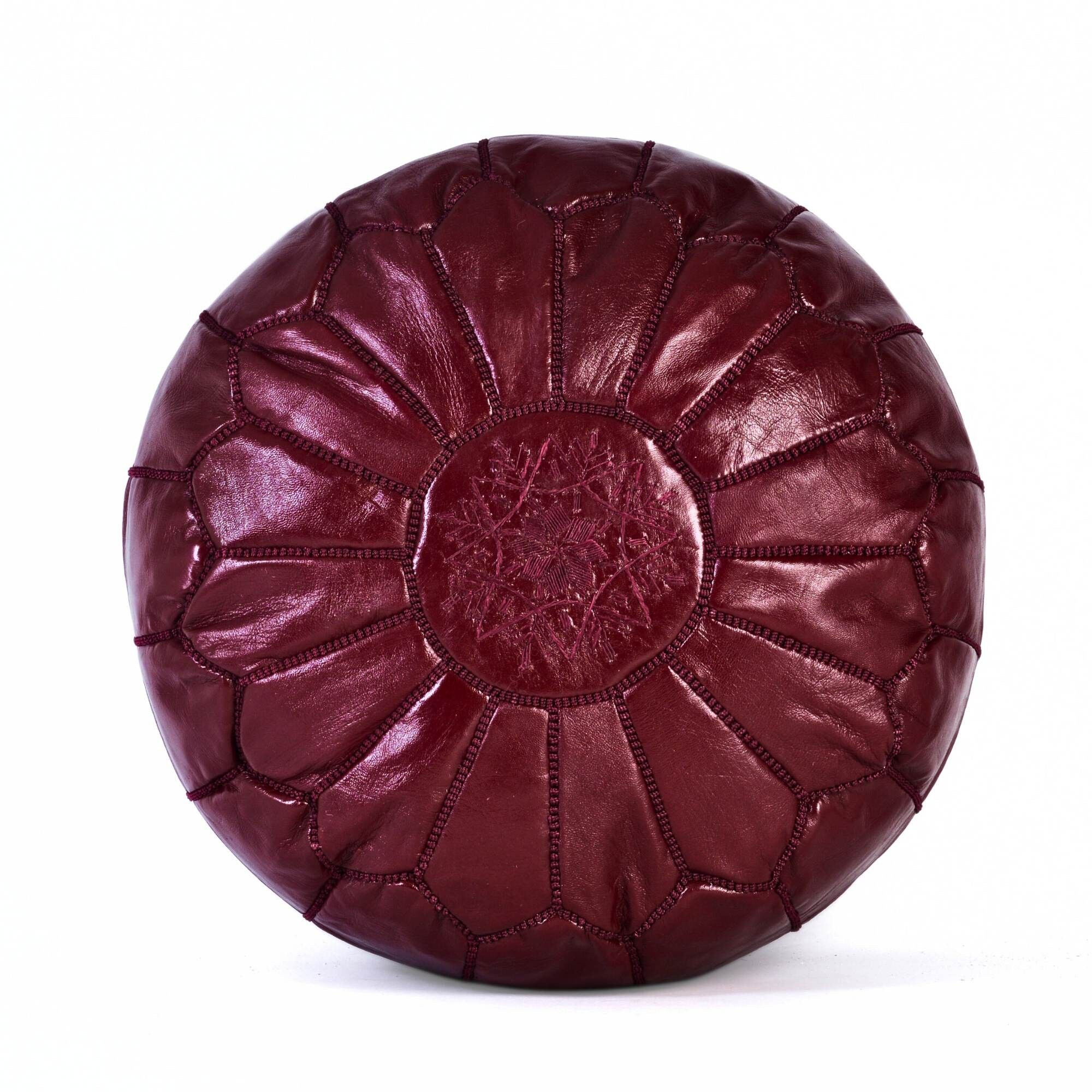 Hand-Stitched Embroidery Leather Ottoman Pouf | Burgundy Moroccan Design 20"