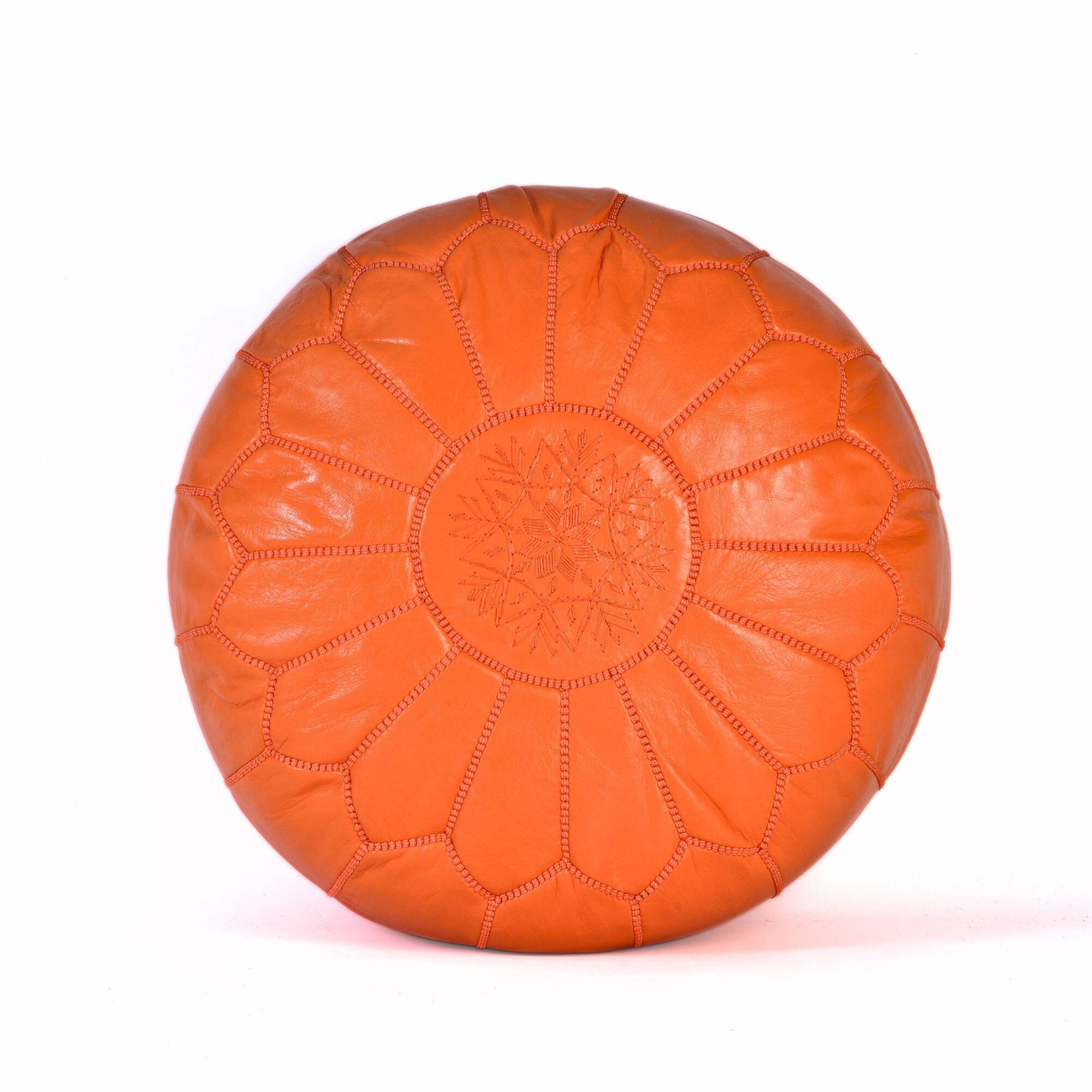 Hand-Stitched Embroidery Leather Ottoman Pouf | Orange Moroccan Design 20"