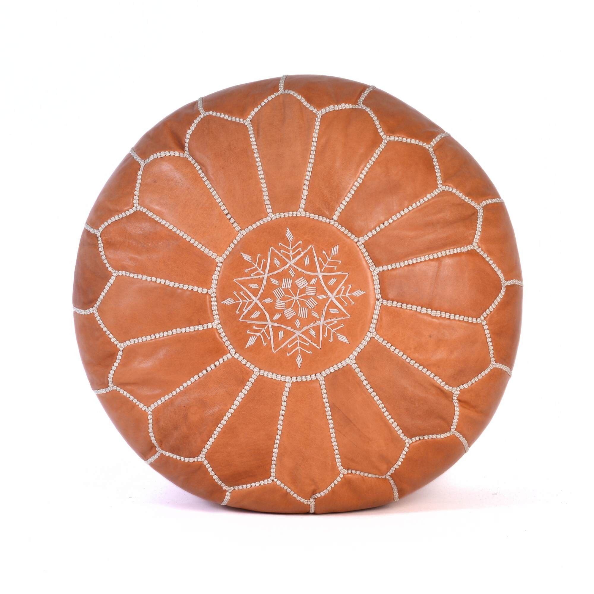 Hand-Stitched Embroidery Leather Ottoman Pouf | Cognac Moroccan Design 20"