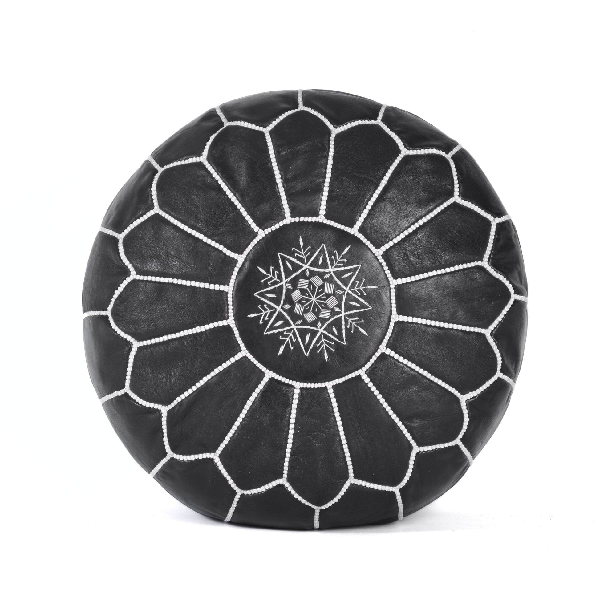 Hand-Stitched Embroidery Leather Ottoman Pouf | Black Moroccan Design 20"
