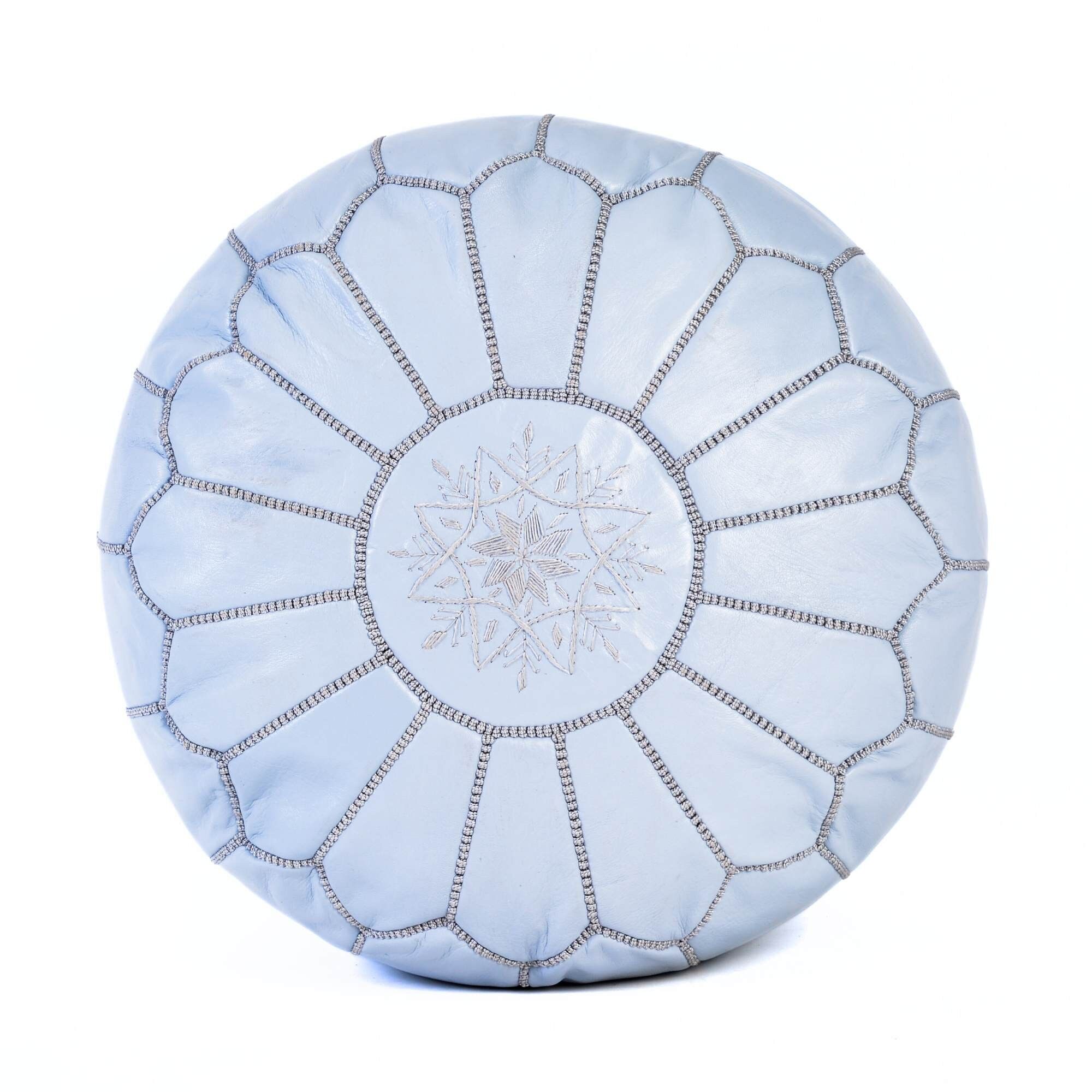 Hand-Stitched Embroidery Leather Ottoman Pouf | Gray Moroccan Design 20"