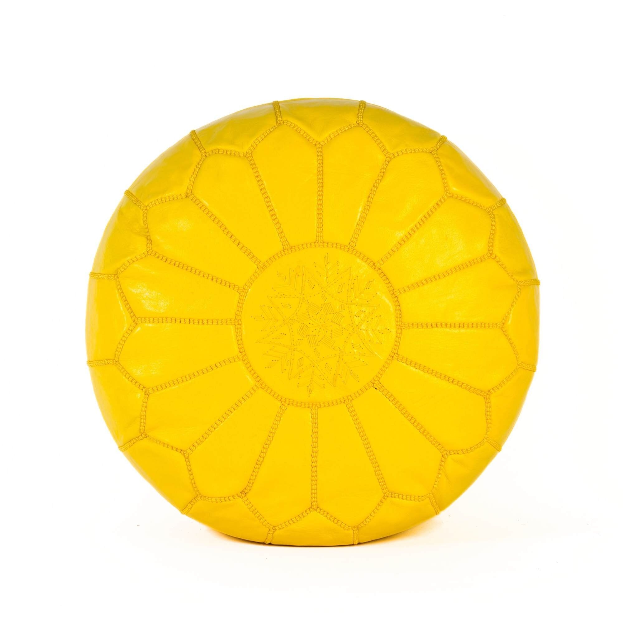 Hand-Stitched Embroidery Leather Ottoman Pouf | Yellow Moroccan Design 20"