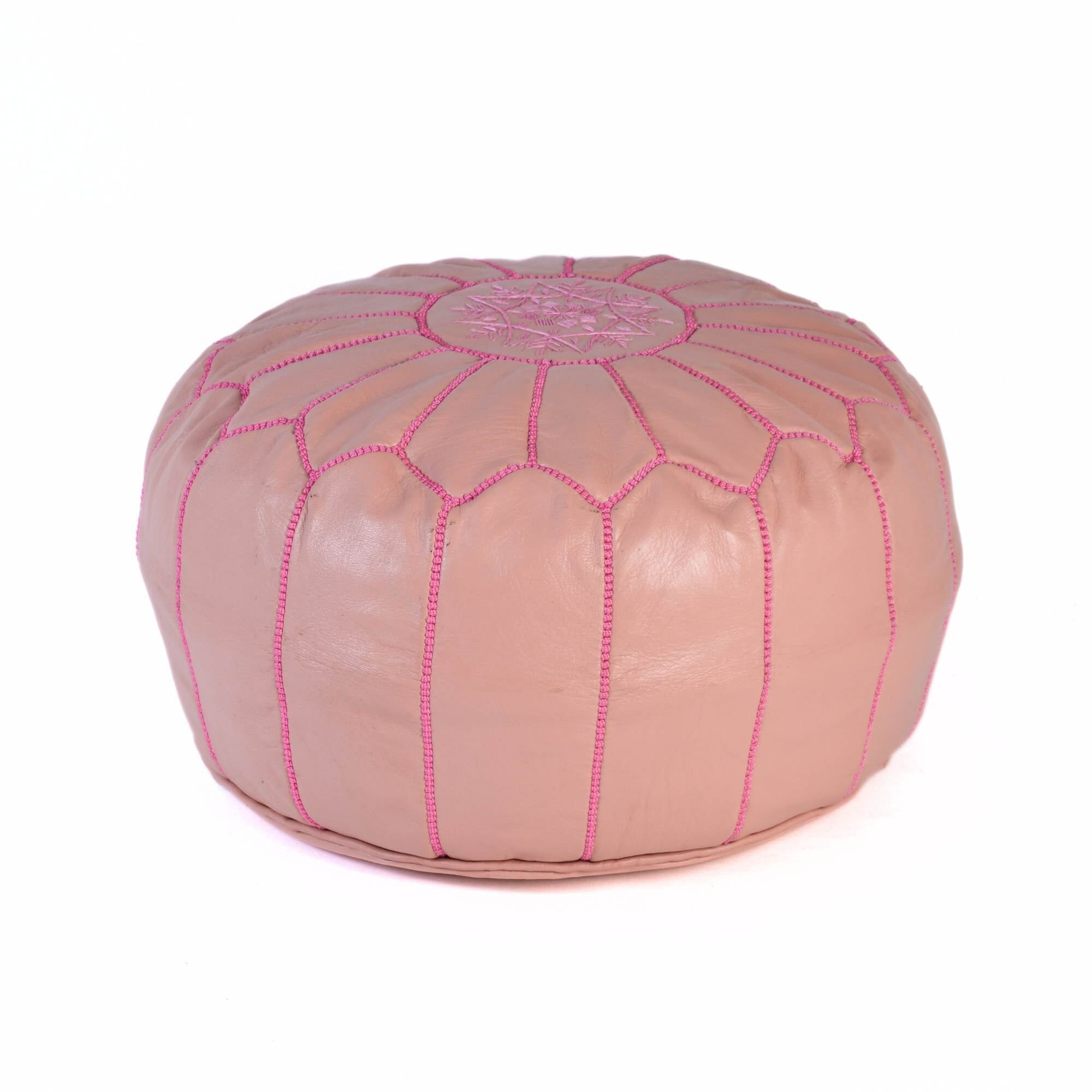 Hand-Stitched Embroidery Leather Ottoman Pouf | Pink Moroccan Design 20"