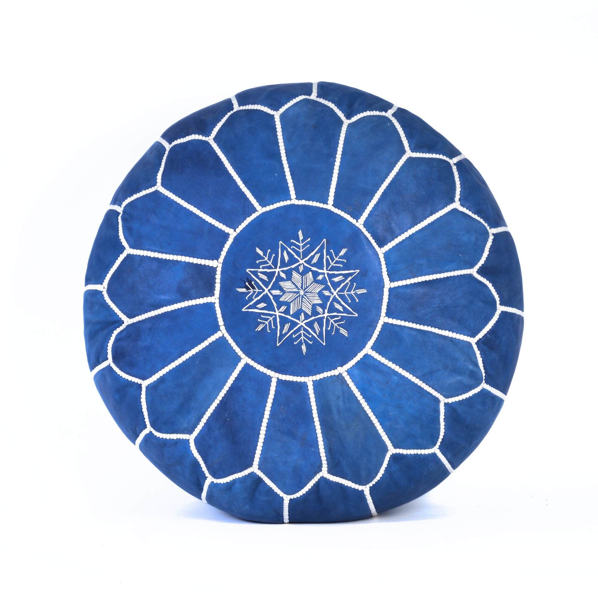 Hand-Stitched Embroidery Leather Ottoman Pouf | Blue Jeans Moroccan Design 20"