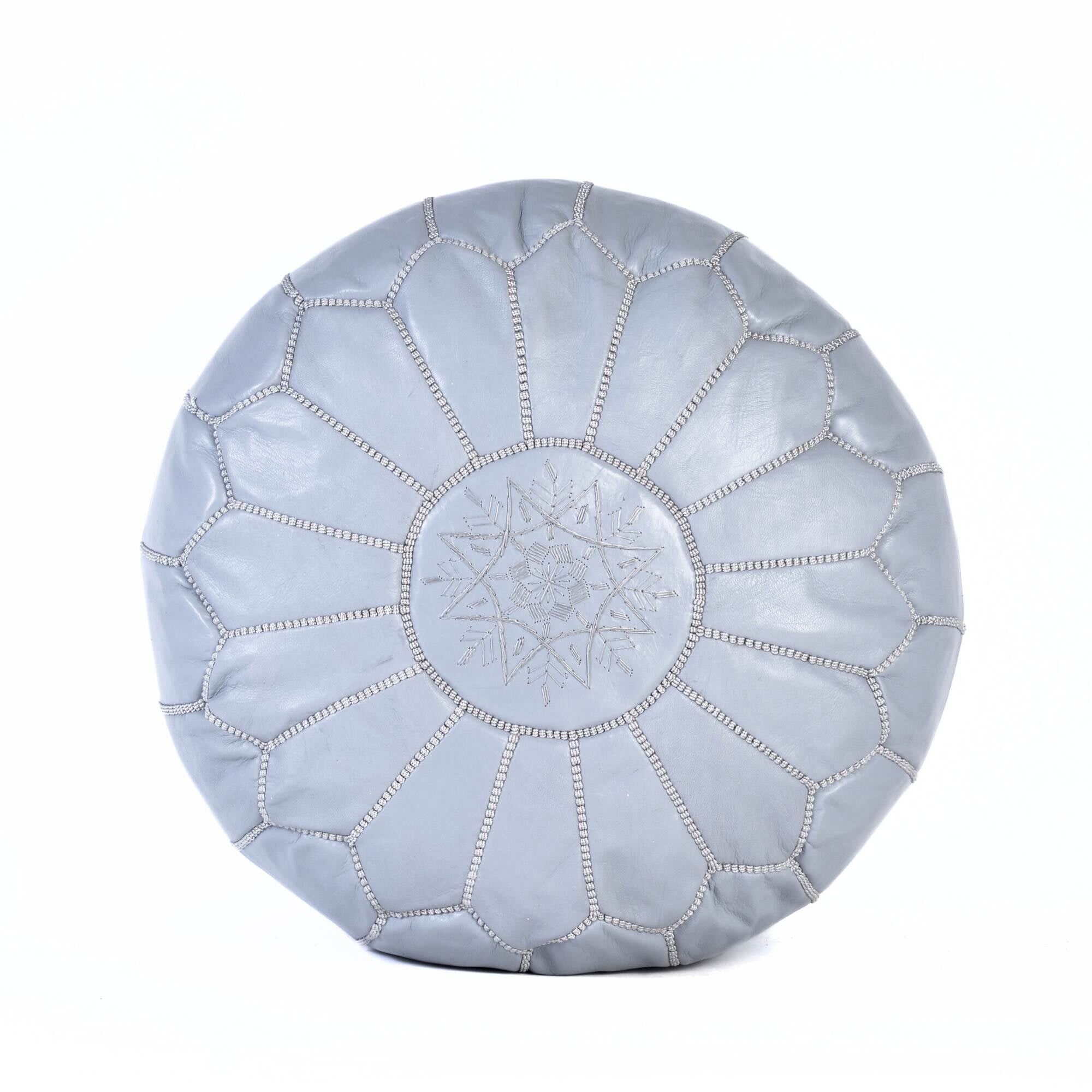 Hand-Stitched Embroidery Leather Ottoman Pouf | Light Gray Moroccan Design 20"