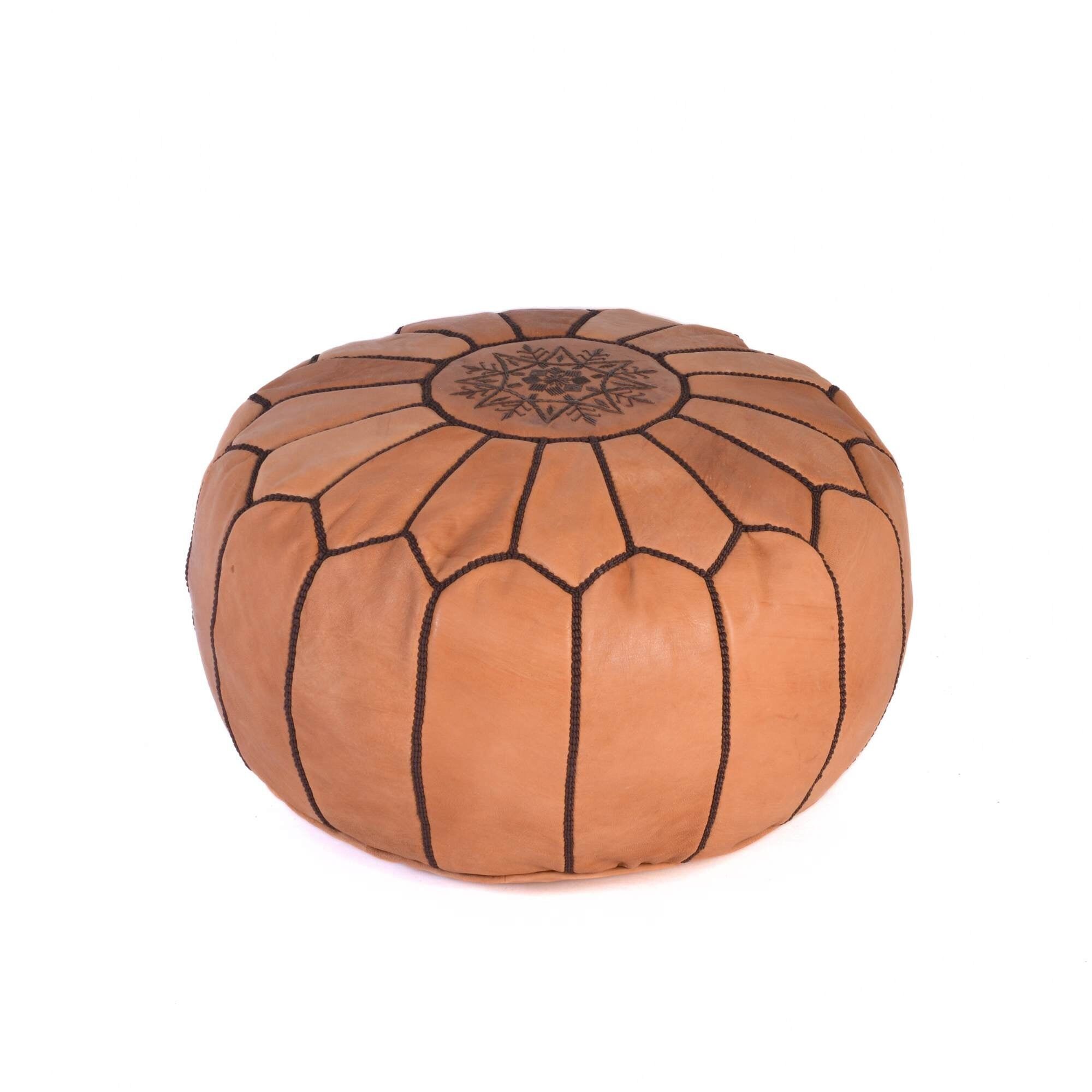 Hand-Stitched Embroidery Leather Ottoman Pouf | Cognac Brown Moroccan Design 20"