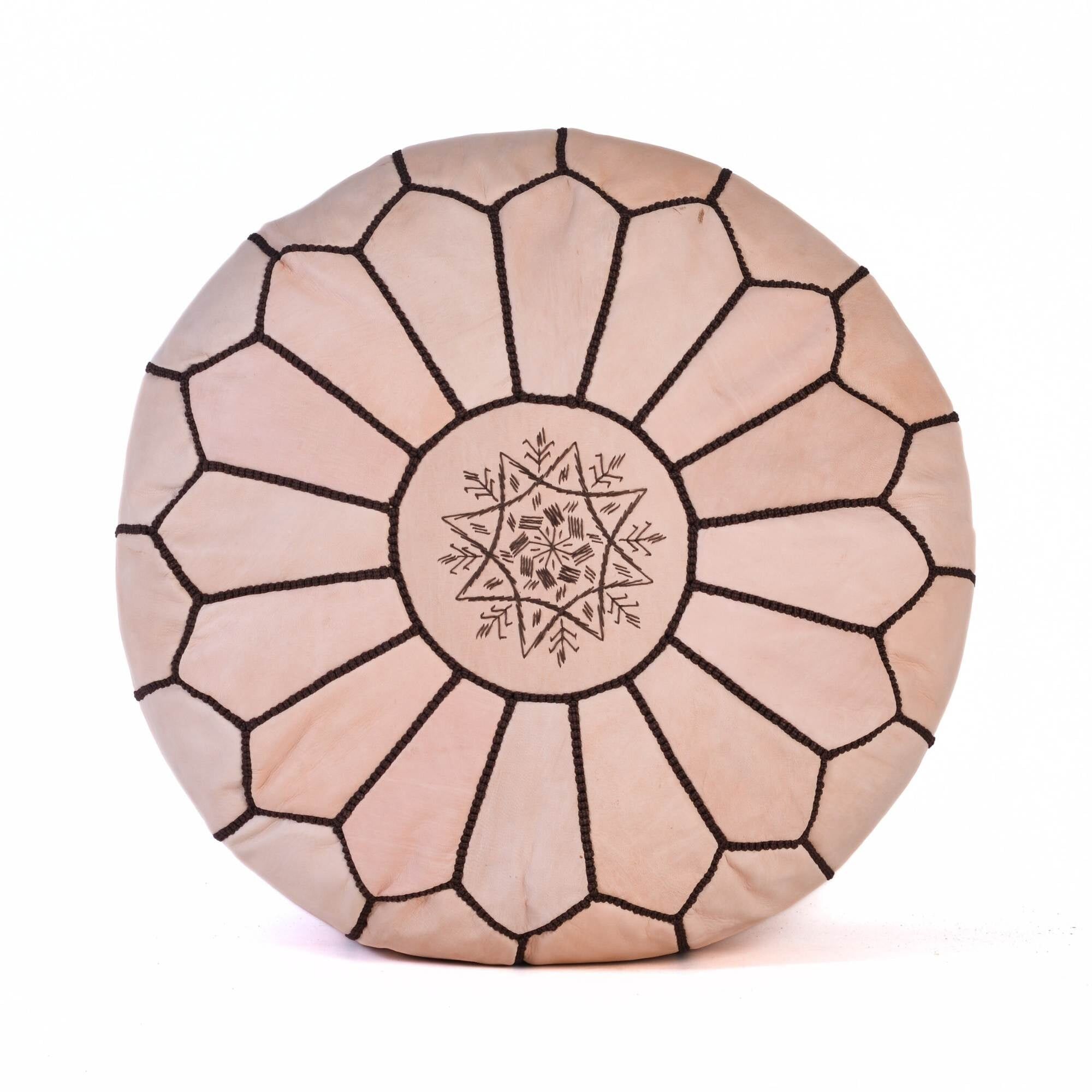 Hand-Stitched Embroidery Leather Ottoman Pouf | Tan Natural Moroccan Design 20"