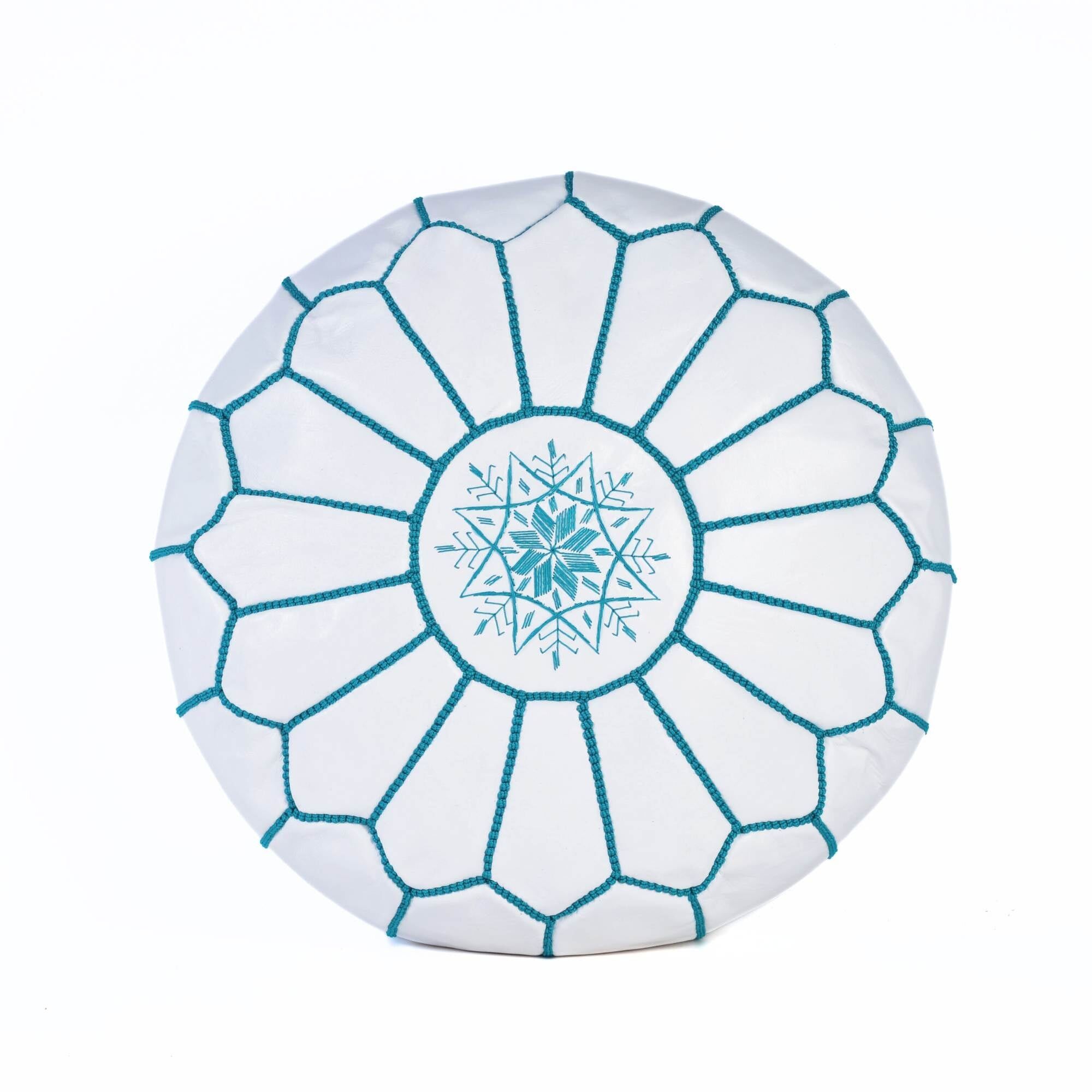 Hand-Stitched Embroidery Leather Ottoman Pouf | Blue Sky Moroccan Design 20"