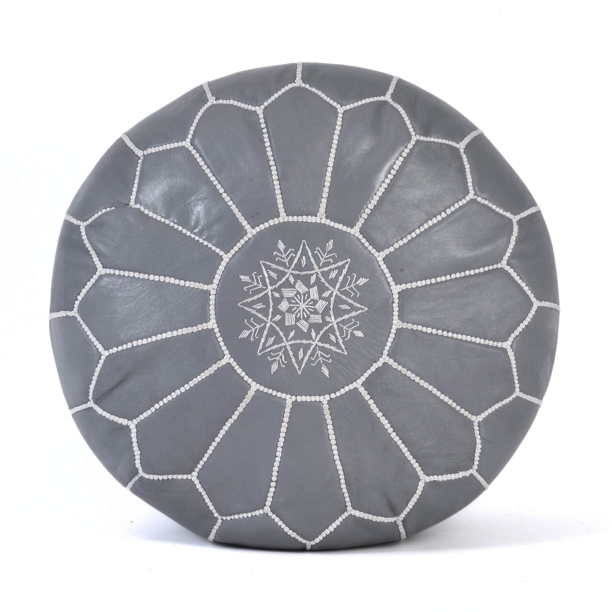 Hand-Stitched Embroidery Leather Ottoman Pouf | Gray White Moroccan Design 20"
