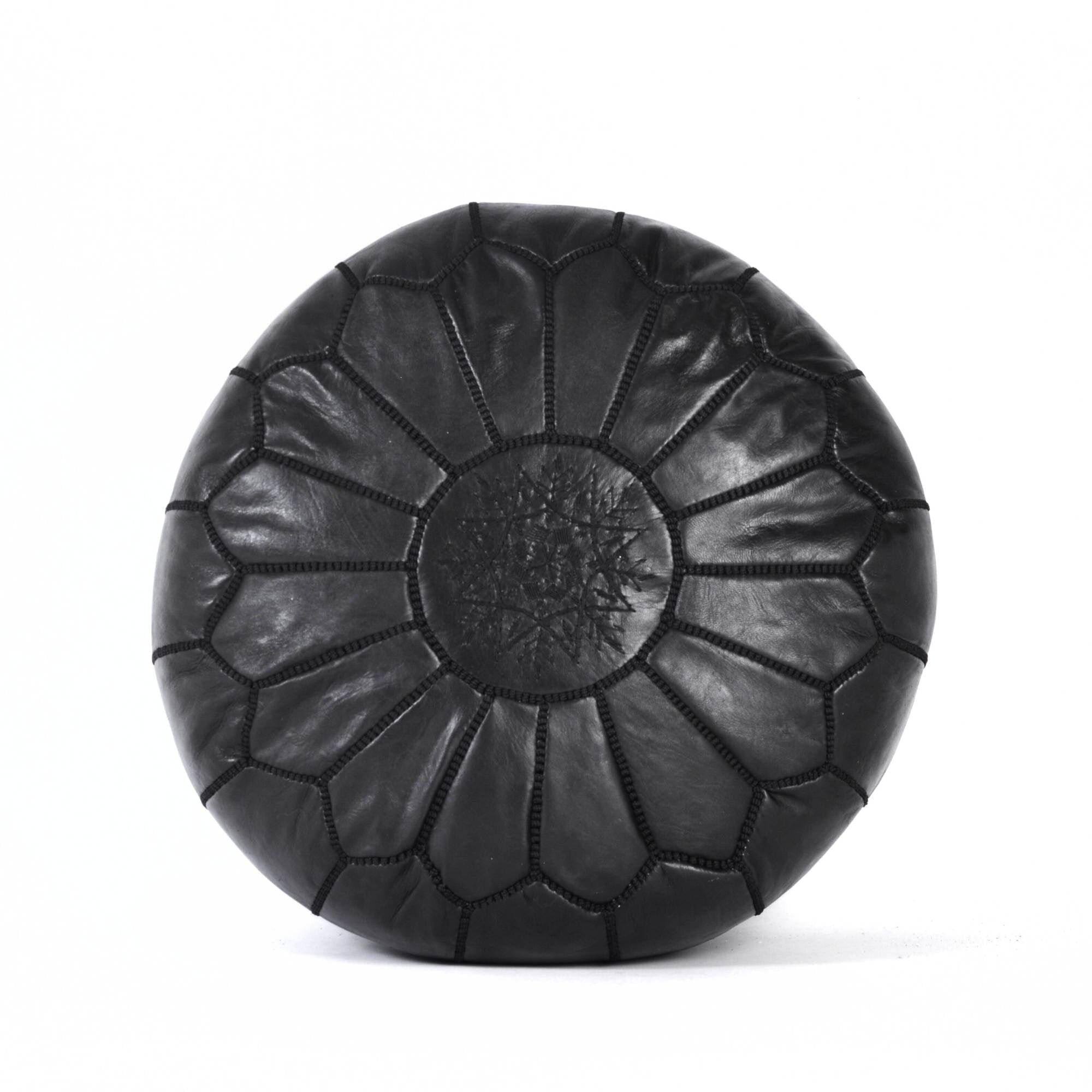 Hand-Stitched Embroidery Leather Ottoman Pouf | Black Moroccan Design 20" - Style 2