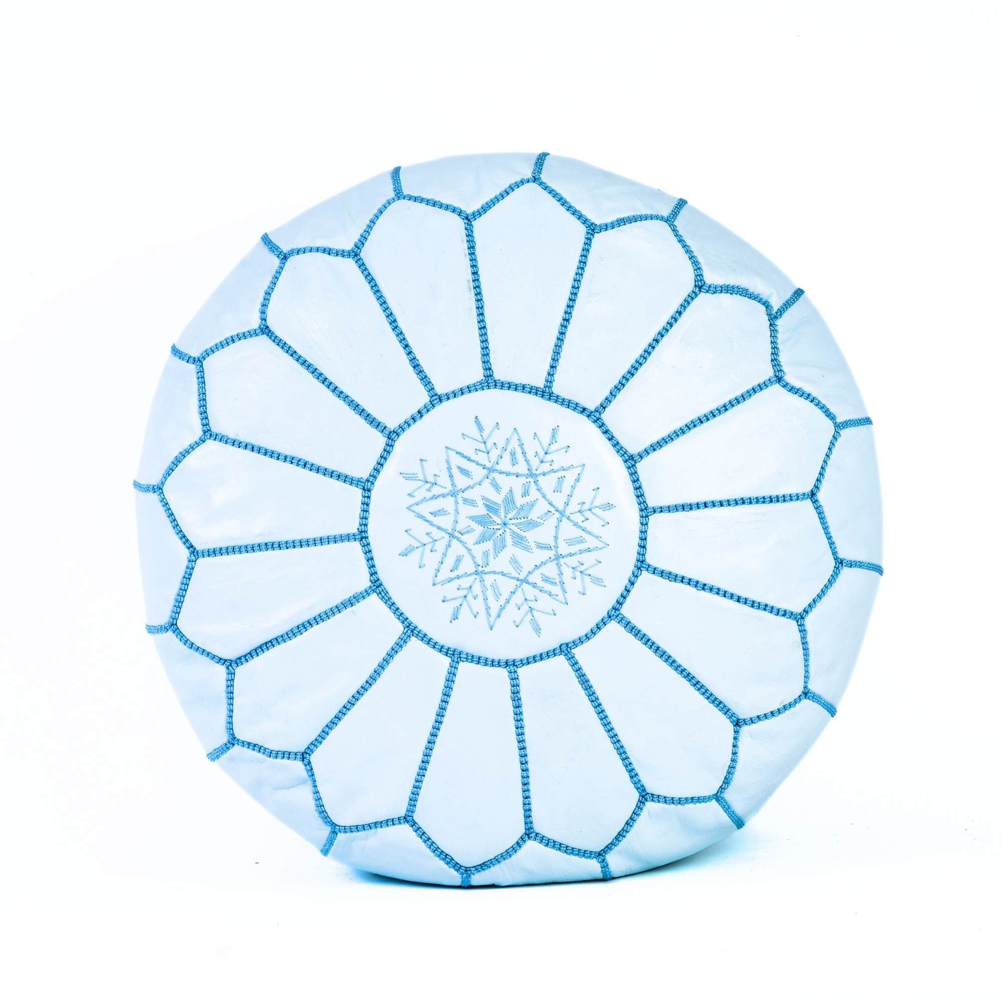 Moroccan Pouf in Genuine White & Turquoise Leather – Hand Embroidered