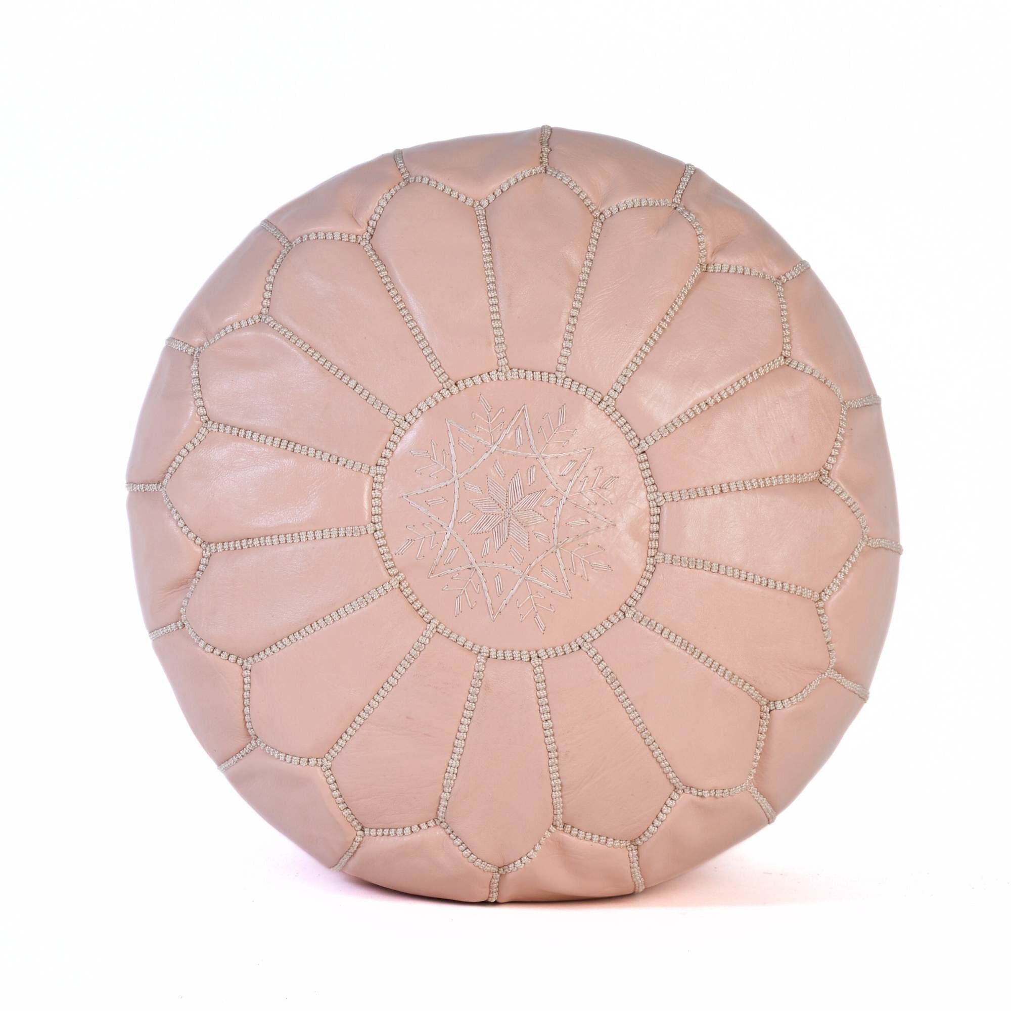 Moroccan Pouf in Pastel Pink Leather – Hand-Embroidered Bohemian Accent Seat