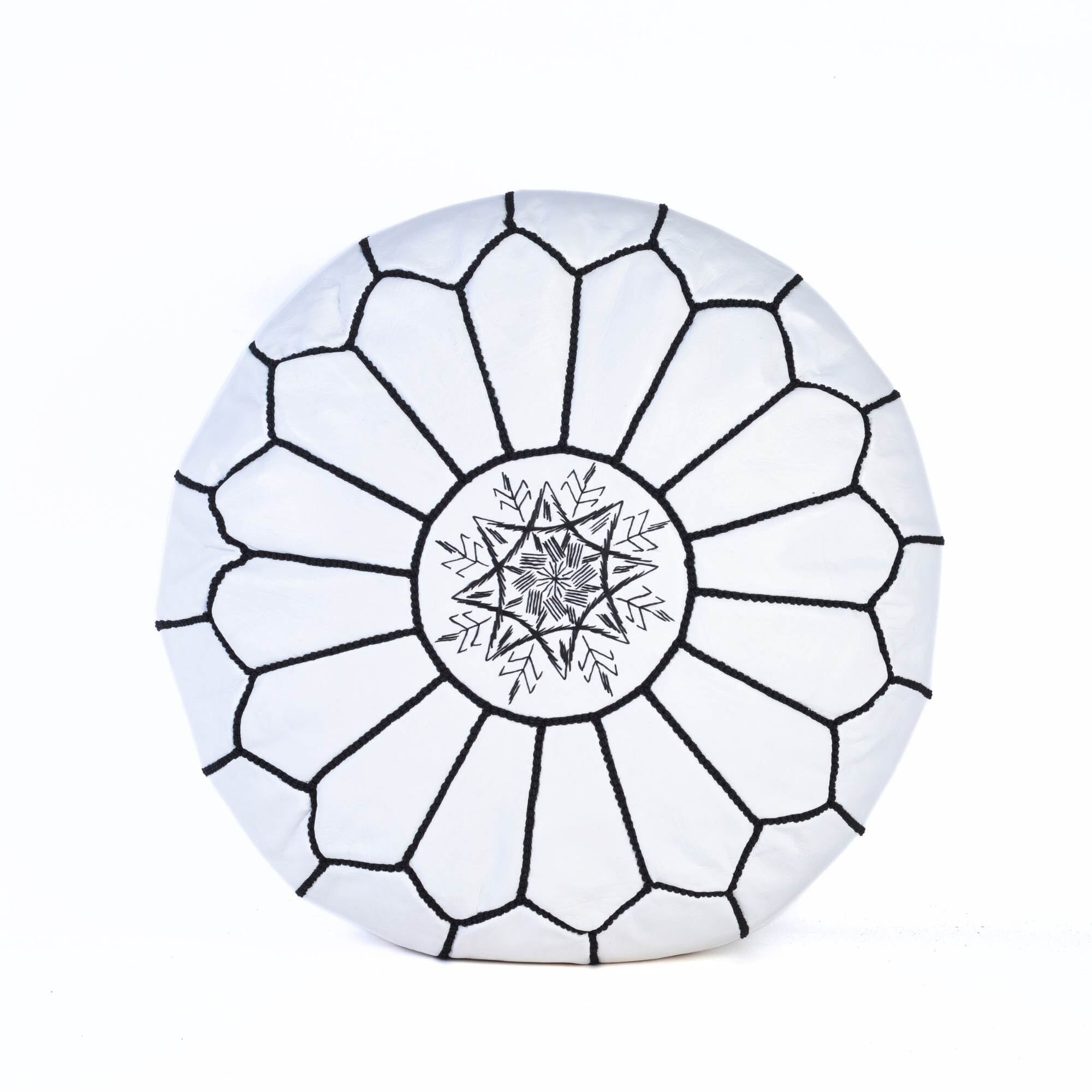 Moroccan Pouf in White and Black Leather – Handcrafted Embroidered Floor Seat