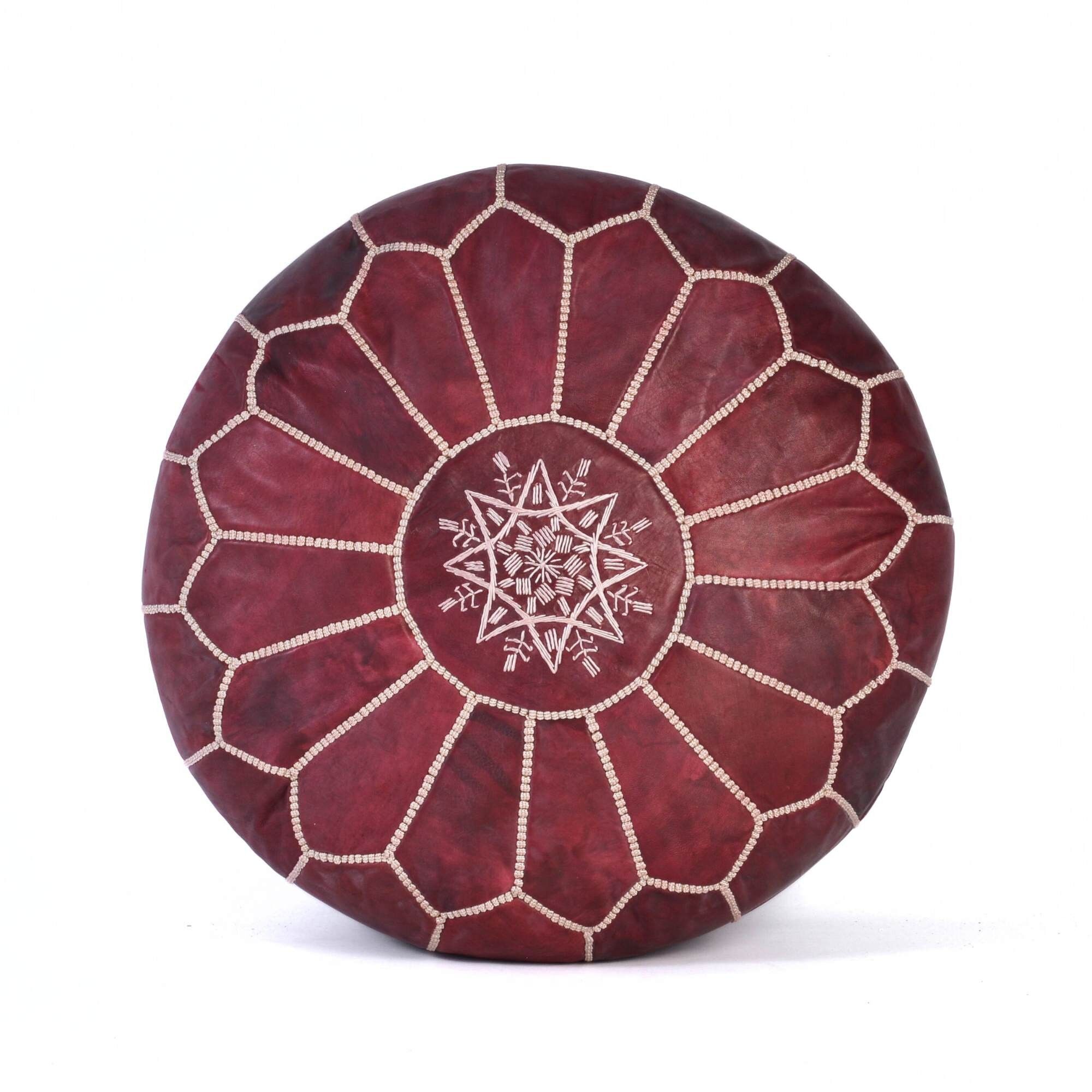 Moroccan Leather Pouf in Burgundy – Chic Hand-Embroidered Footrest