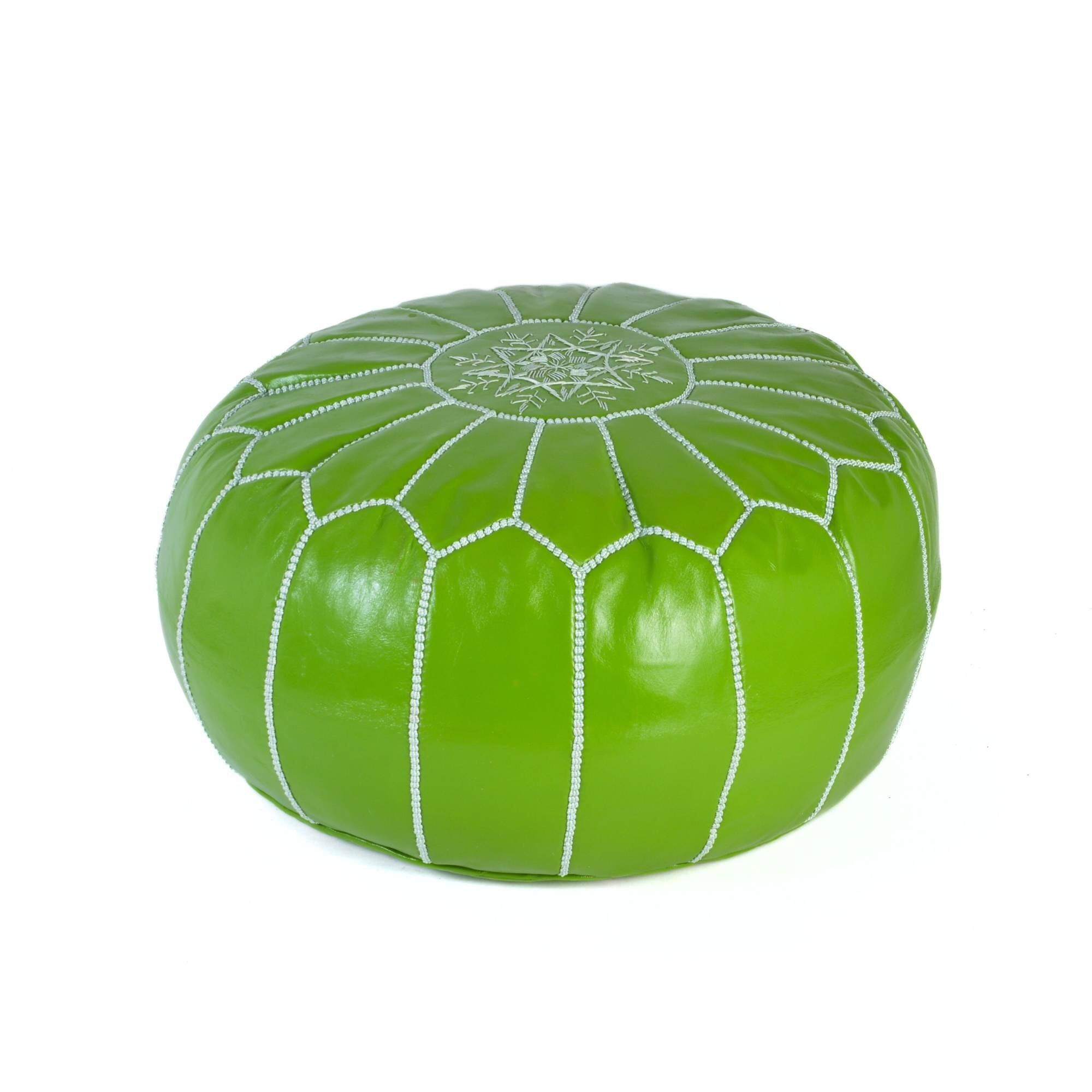 Moroccan Pouf in Pastel Green Leather – Handcrafted Floor Seat and Embroidered Footrest