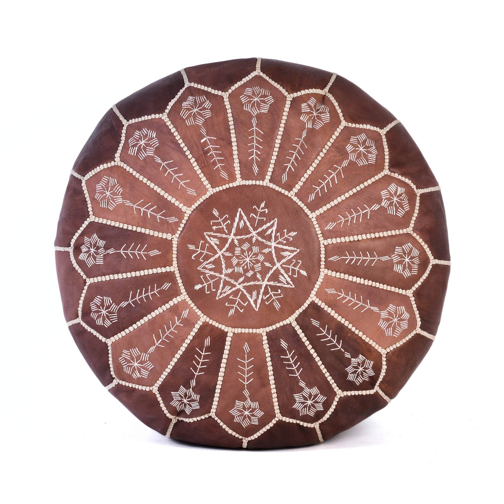 Moroccan Pouf in Brown Leather (New Design) – Handcrafted Footrest in Genuine Leather