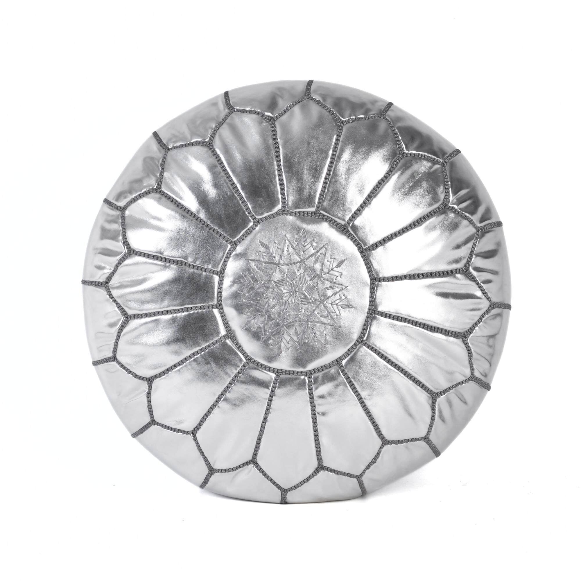 Moroccan Silver Leather Pouf – Chic Hand-Embroidered Metallic Floor Seat