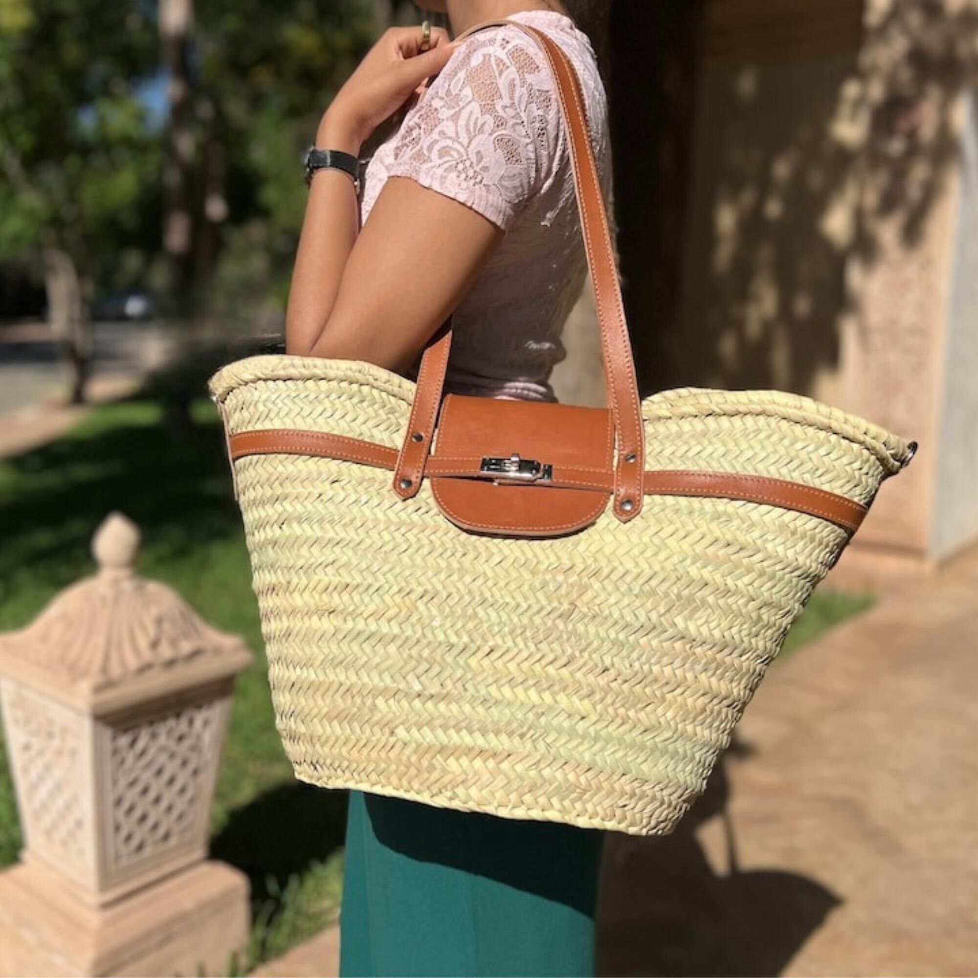 Large Wicker and Leather Beach Basket – Handmade French Market Bag
