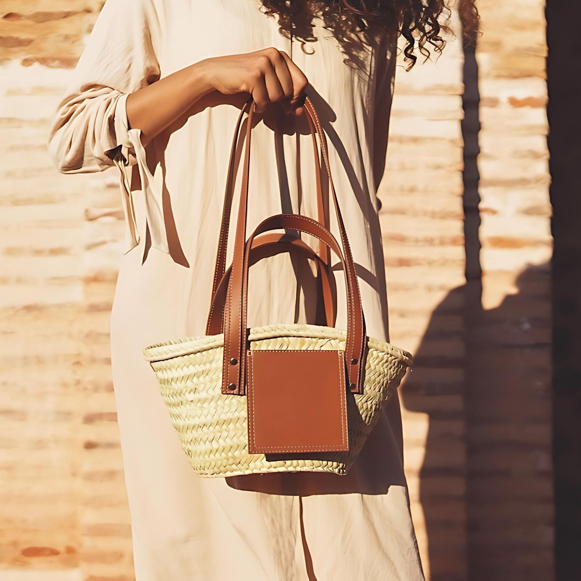 Tropical Woven Palm Tote Bag – Beach Basket with Exterior Pocket and Zippered Pouch