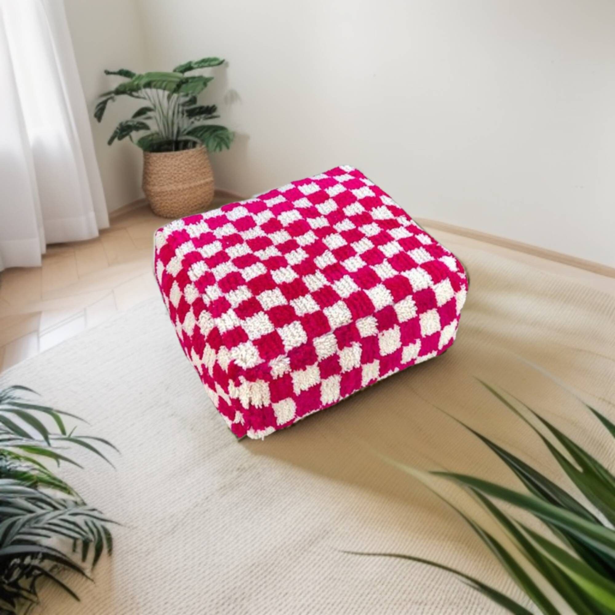 Beni Ourain Wool Square Pouf – Handmade Berber Checkered Floor Cushion