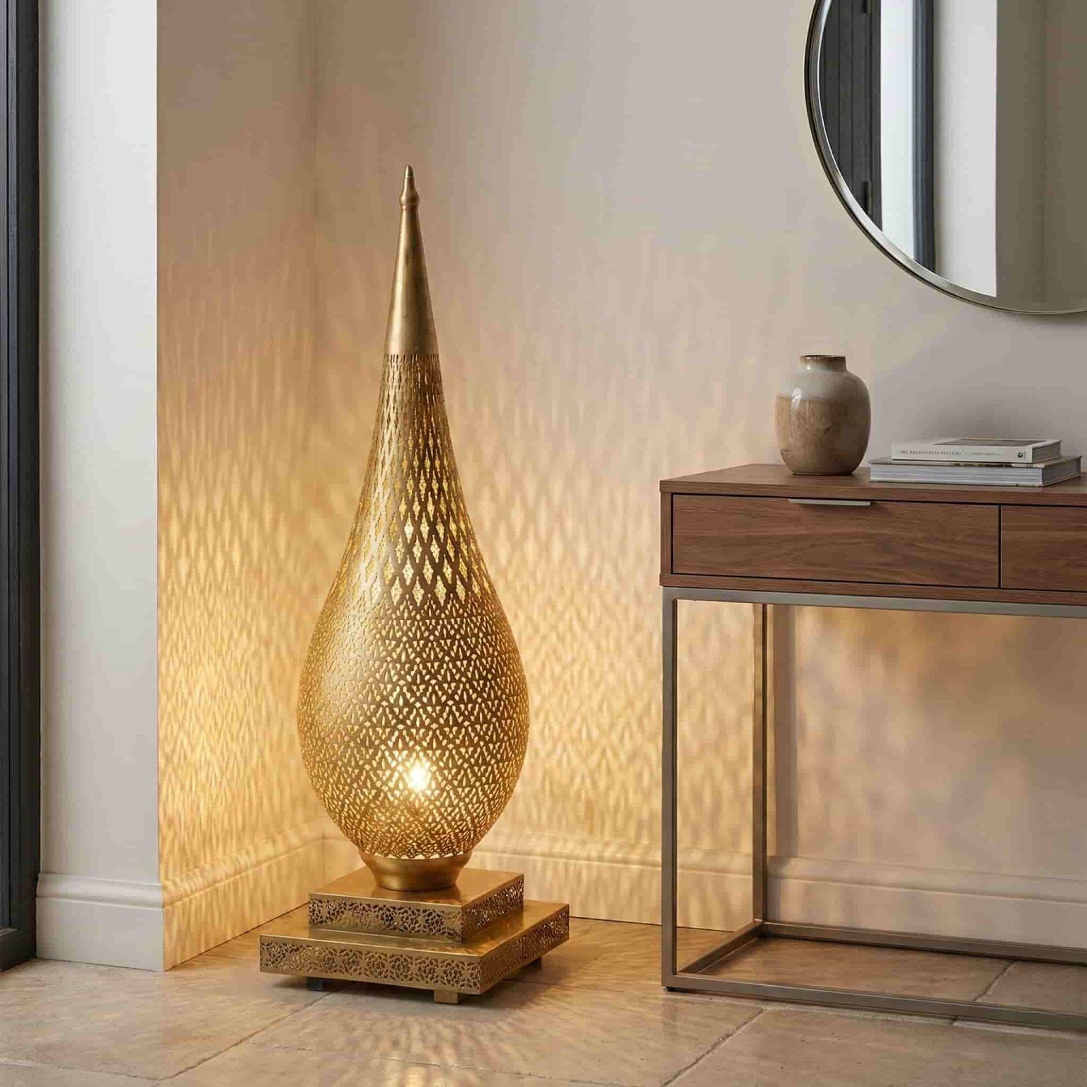 Moroccan Brass Floor Lamp 75 cm – Large Chiseled Teardrop Lamp with Diamond Pattern