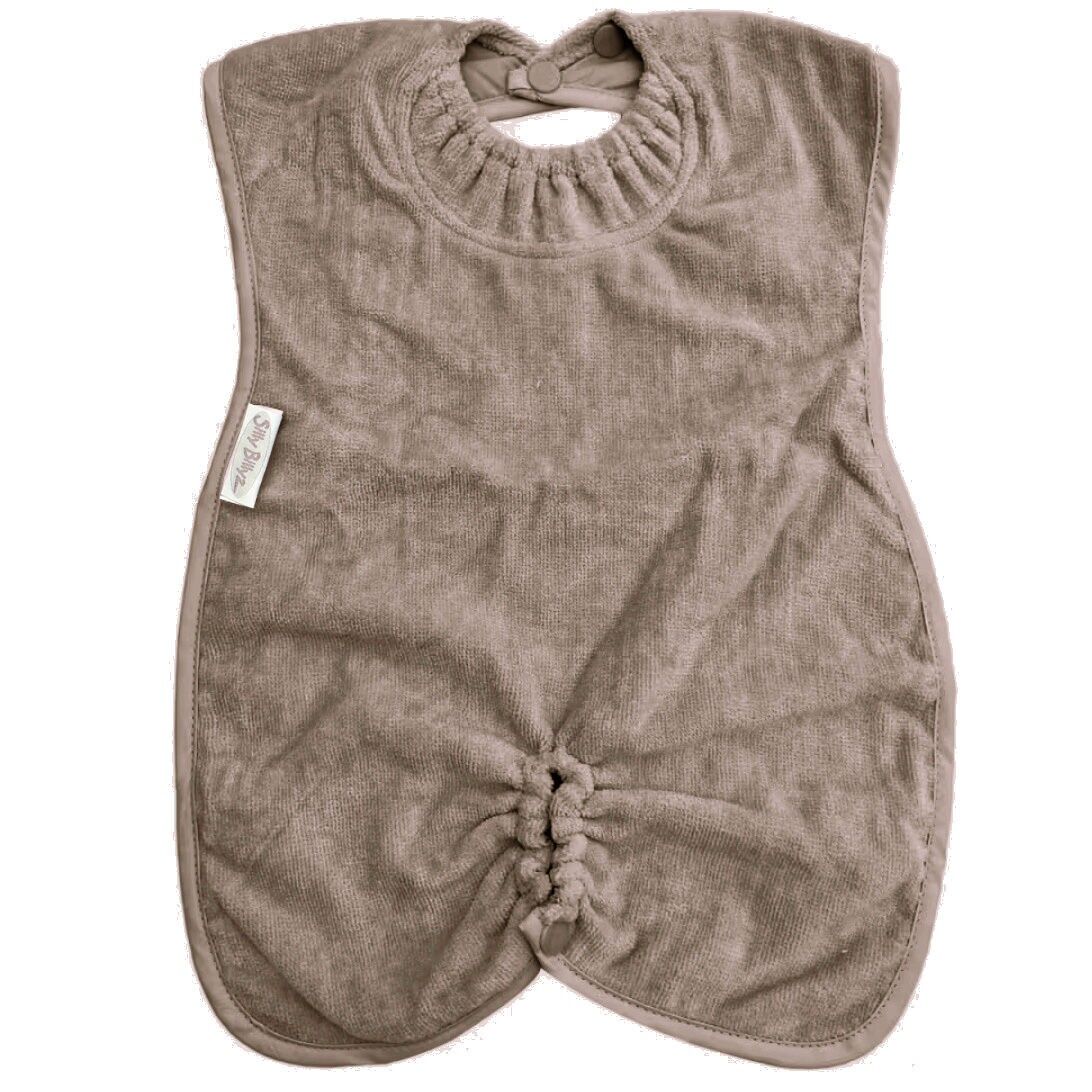 Taupe towel high chair hugger bib